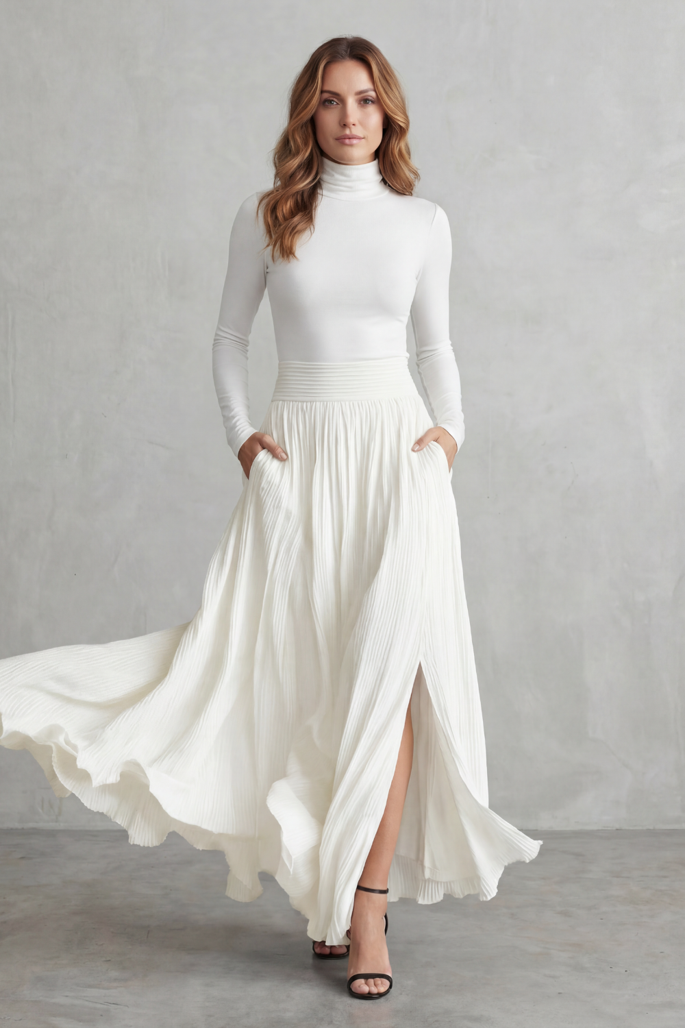 Turtleneck and pleated maxi skirt set styled with pointed heels for evening
