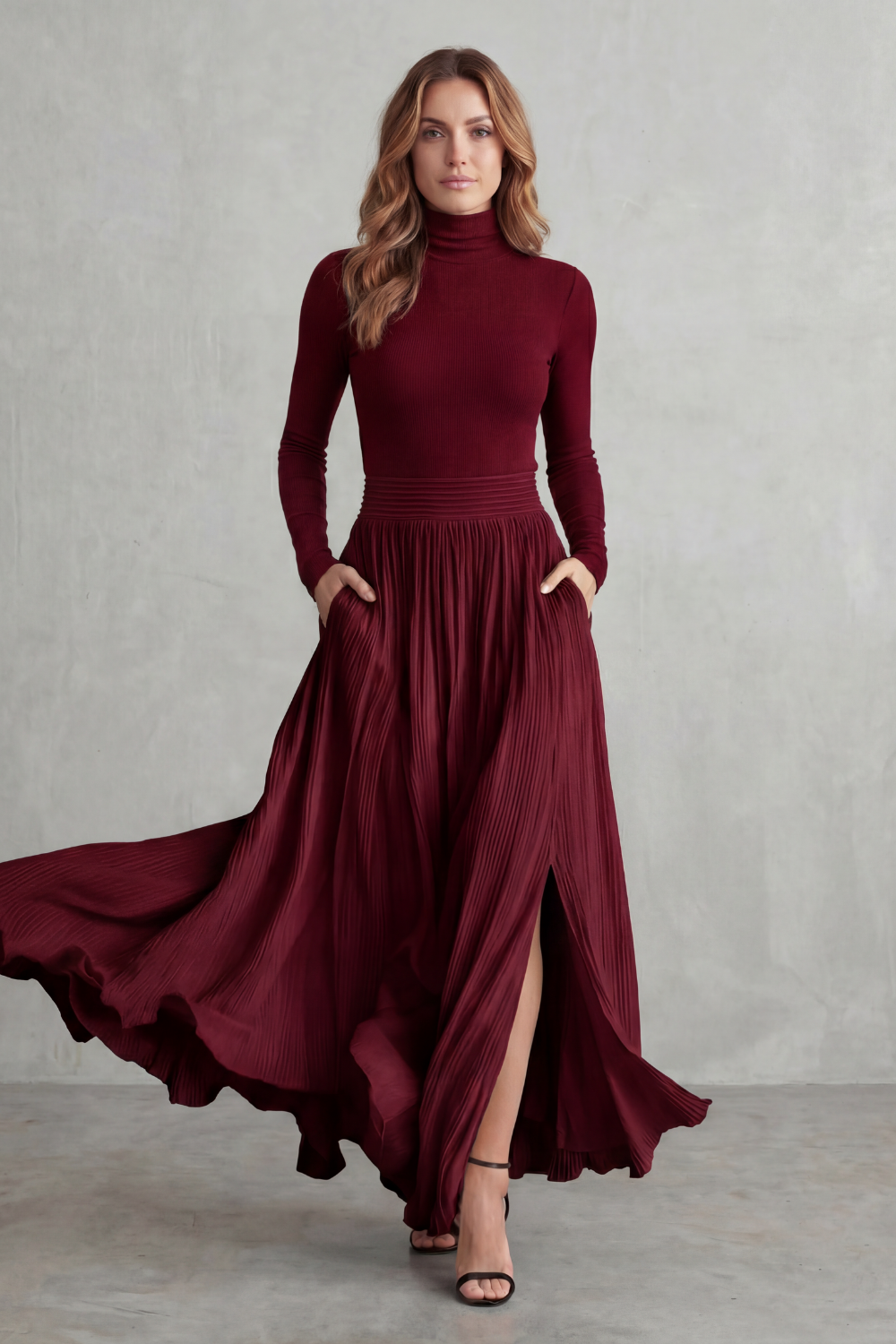 Dark Red colorway of the turtleneck and pleated maxi skirt set, full-length view