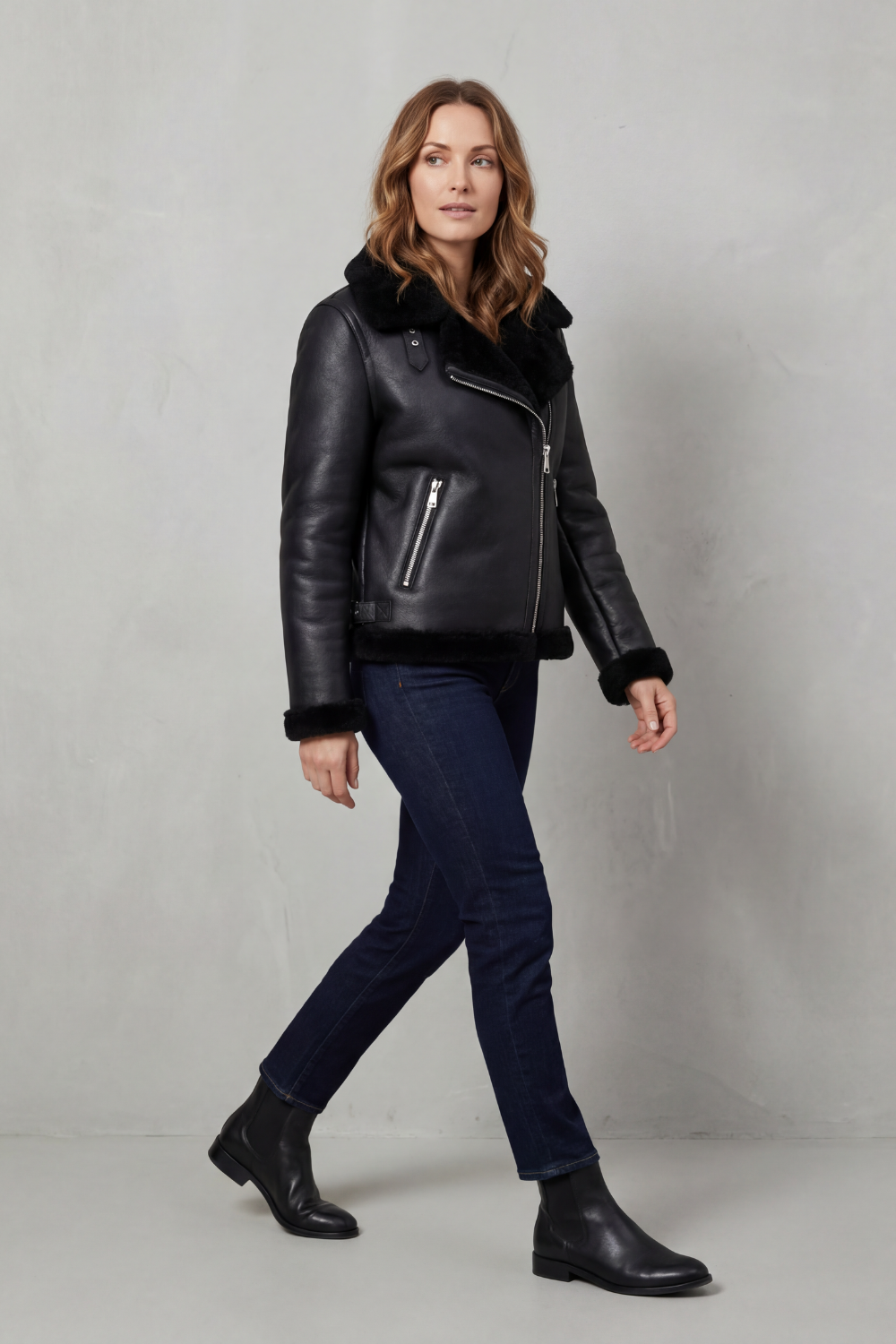 Women's Asymmetrical Zip Shearling Biker Jacket - Noirellé