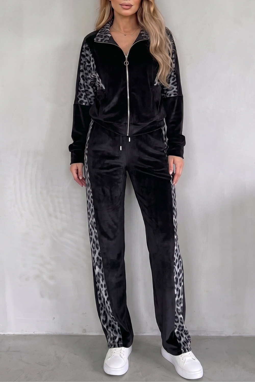 Black colorway of the leopard contrast athleisure set, full-length view