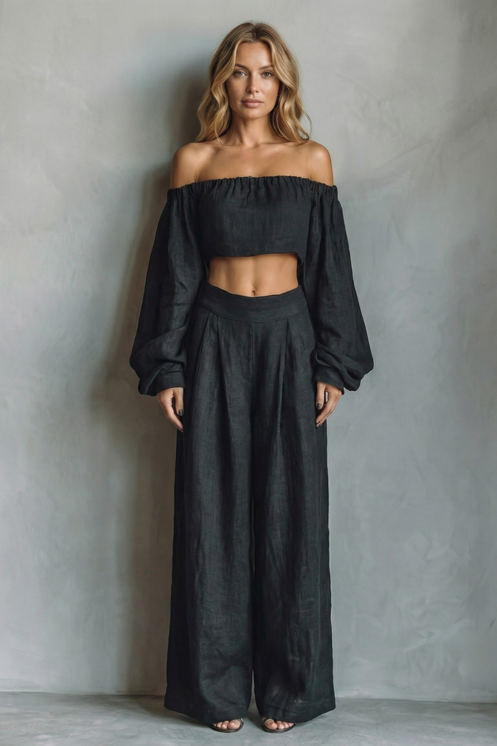 Side view of the off-shoulder long-sleeve top and wide-leg pants set
