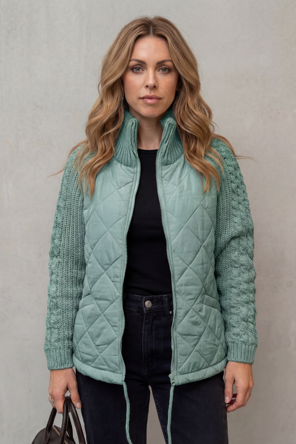 Women's Quilted Puffer Jacket with Textured Knit Accents - Norcetta