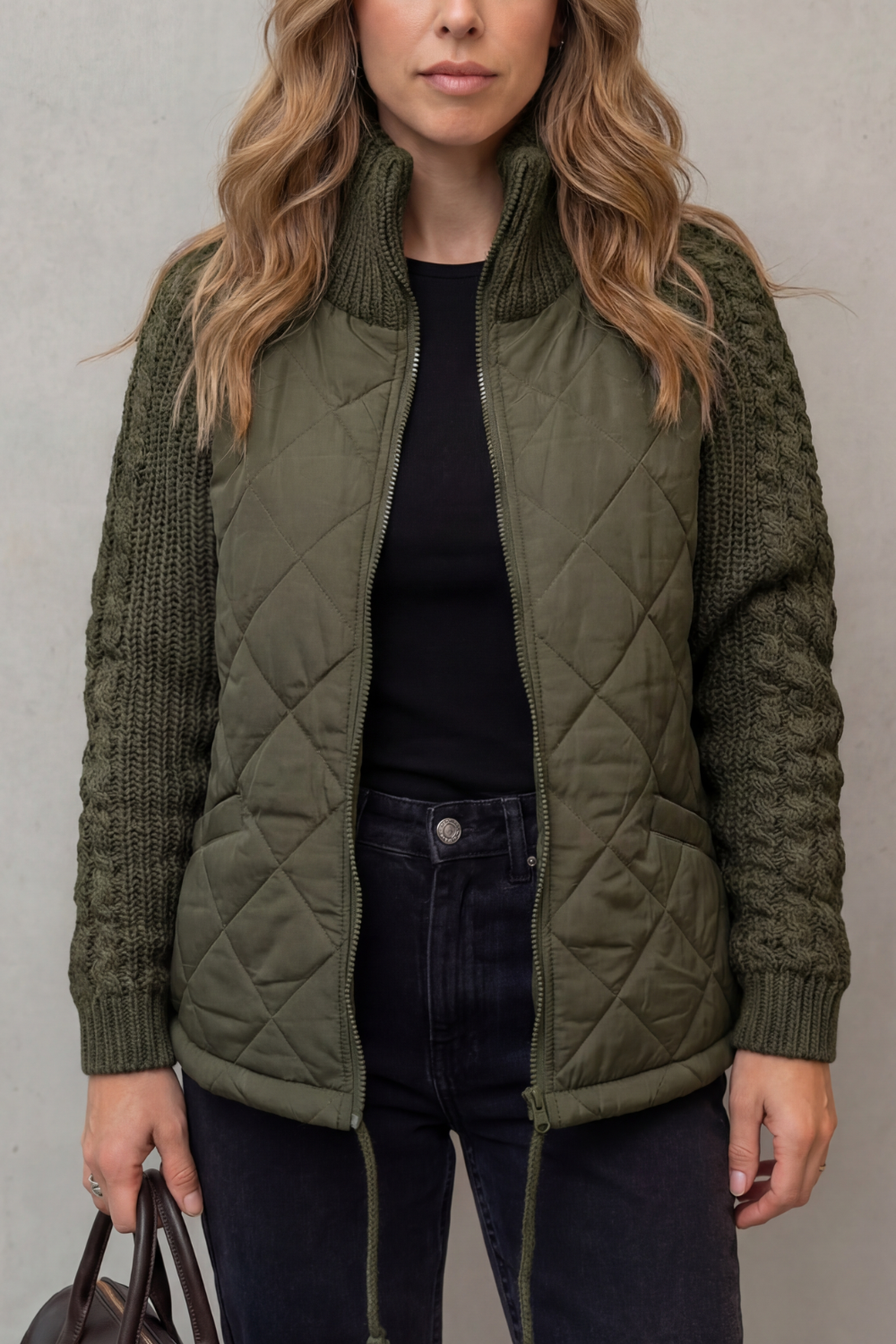 Women's Quilted Puffer Jacket with Textured Knit Accents - Norcetta