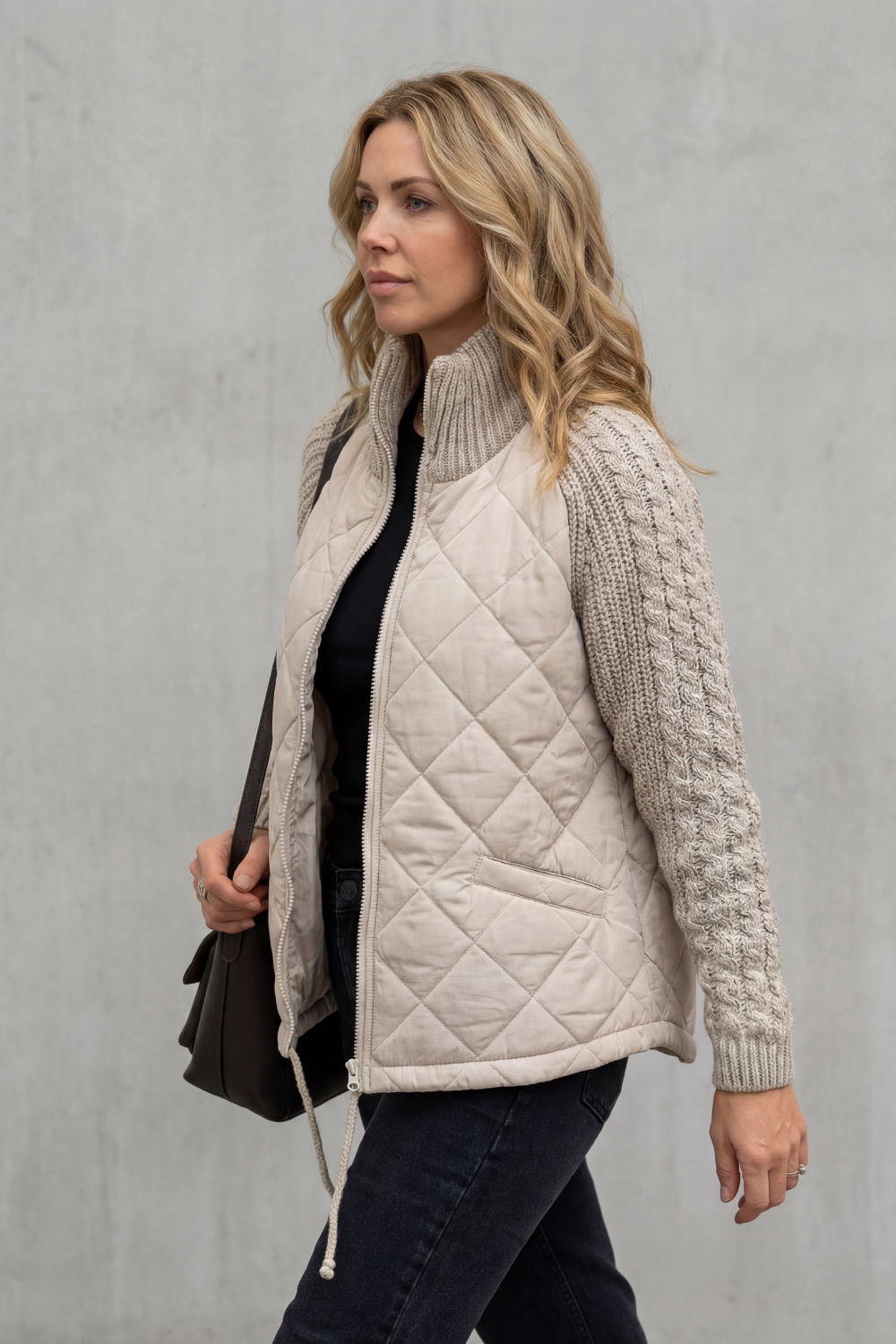 Women's Quilted Puffer Jacket with Textured Knit Accents - Norcetta