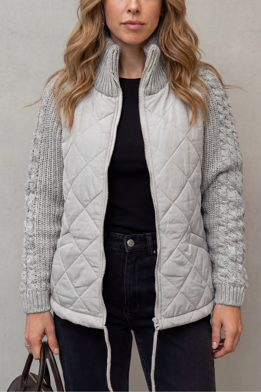 Women's Quilted Puffer Jacket with Textured Knit Accents - Norcetta