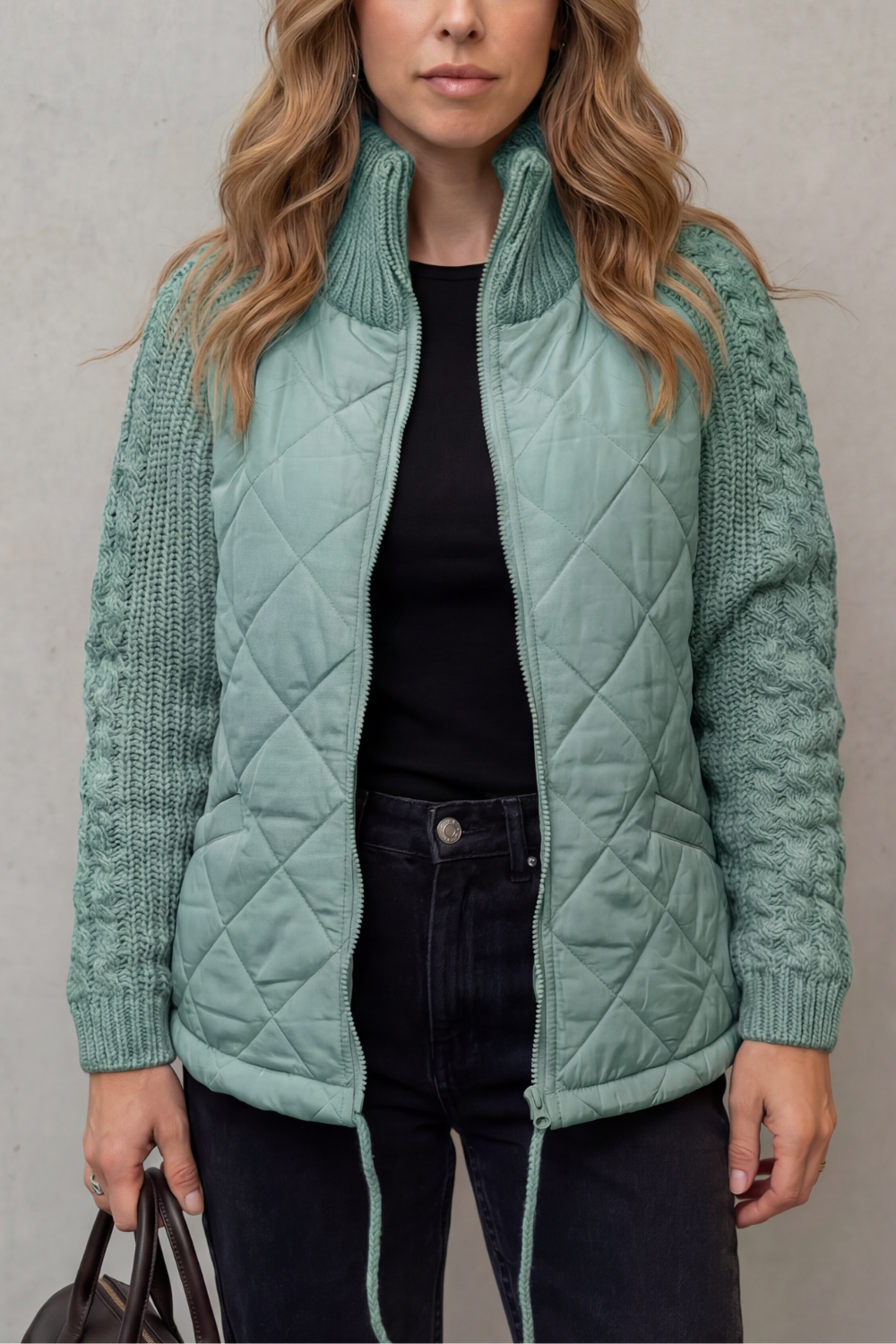 Women's Quilted Puffer Jacket with Textured Knit Accents - Norcetta