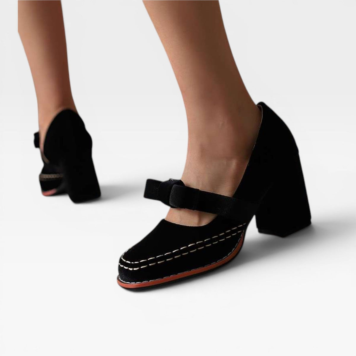 Women's Velvet Mary Jane Block Heel Pumps with Bow – Party Shoes | Garsington