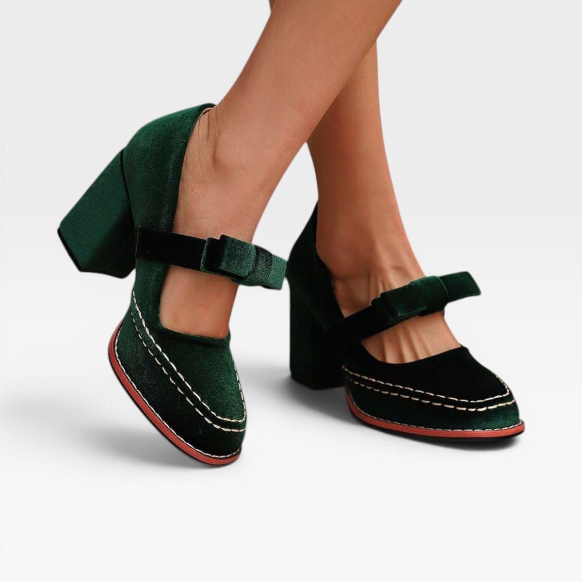 Women's Velvet Mary Jane Block Heel Pumps with Bow – Party Shoes | Garsington
