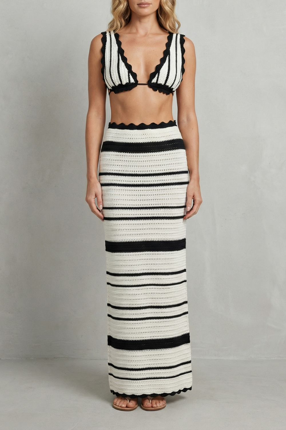 Women's striped crochet crop top and maxi skirt set, front view