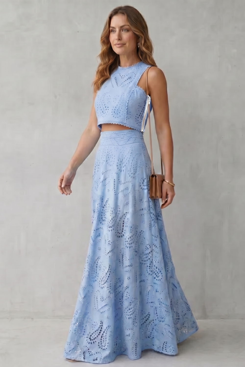 Back view of the embroidered lace crop top and midi skirt set