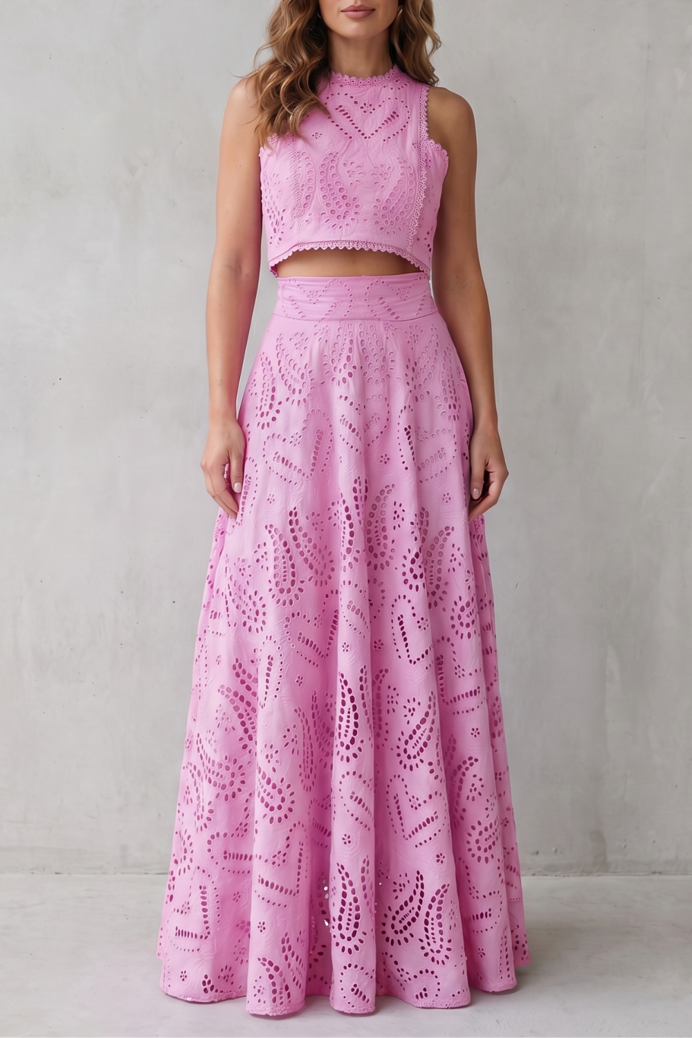 Close-up of the high-waisted midi skirt waistband