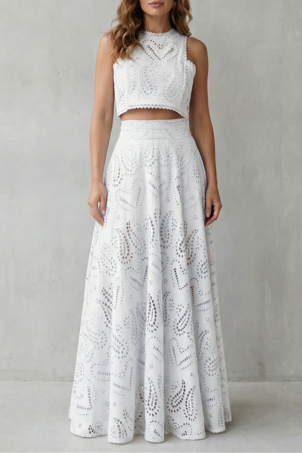White colorway of the lace crop top and midi skirt set, full-length view