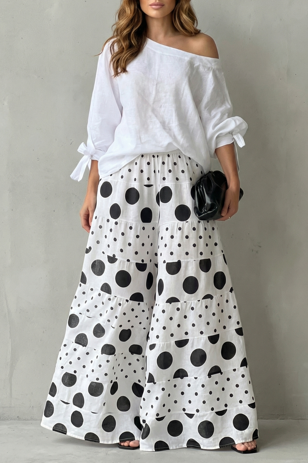 Women's off-shoulder polka dot top and wide-leg pants set, front view
