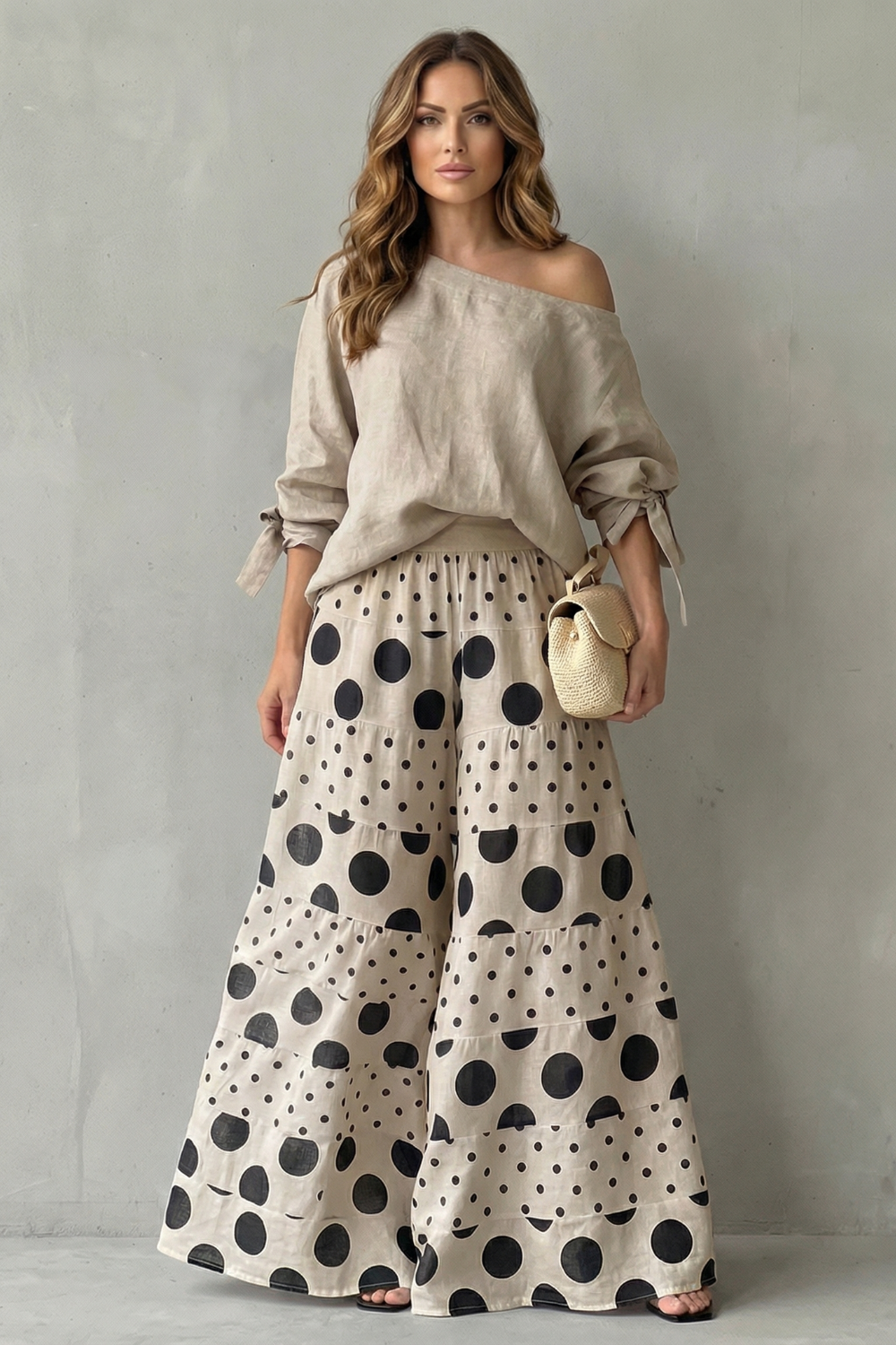 Apricot colorway of the polka dot top and wide-leg pants set, full-length view