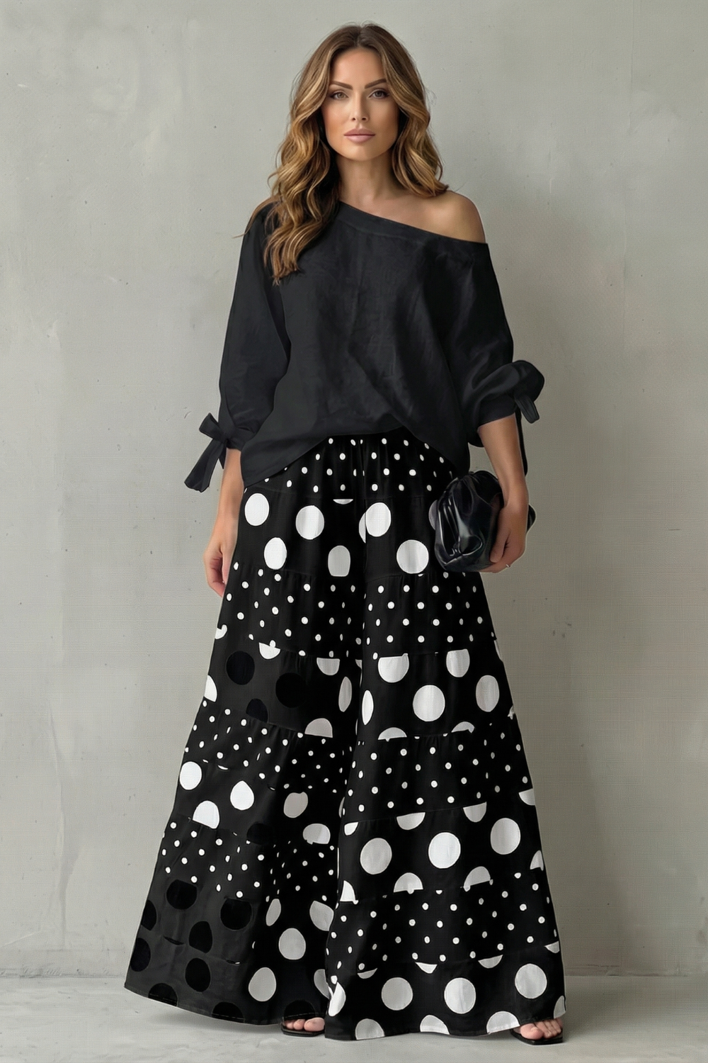White colorway of the polka dot top and wide-leg pants set, full-length view