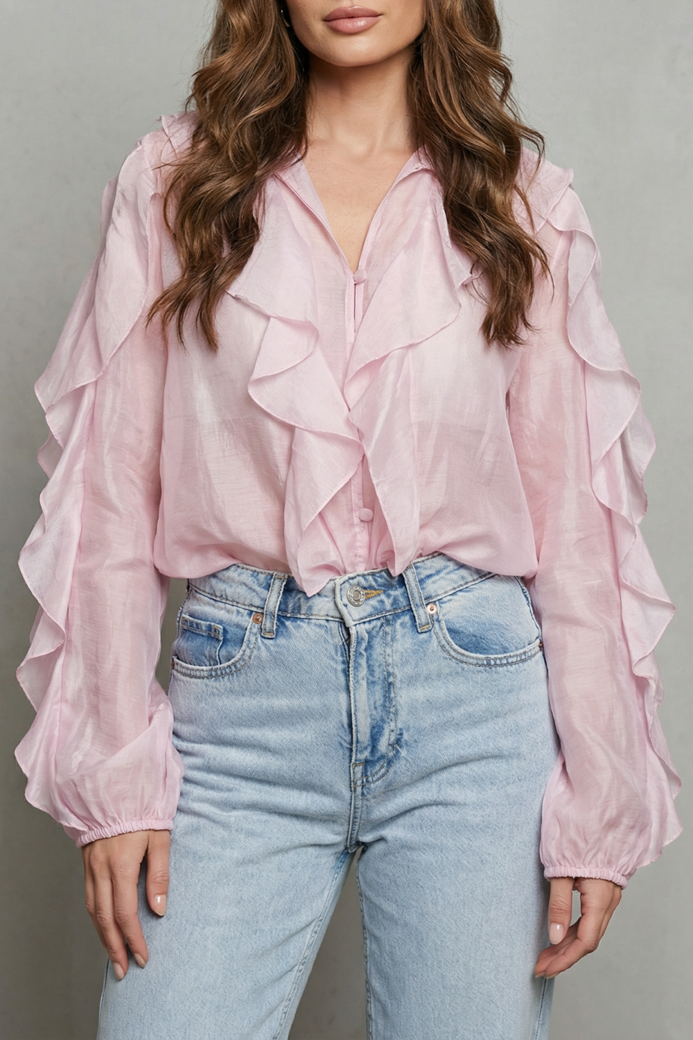 Women's Ruffled Button-Up Blouse with Statement Sleeves - Thalienne