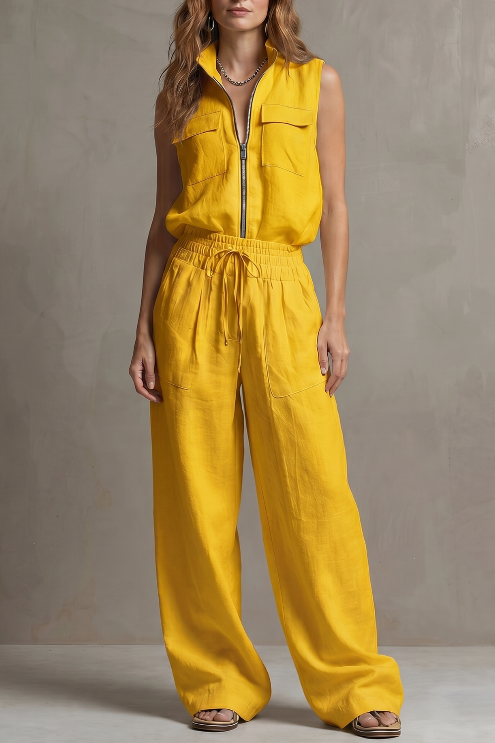 Pink colorway of the sleeveless zip-front pants set, full-length view