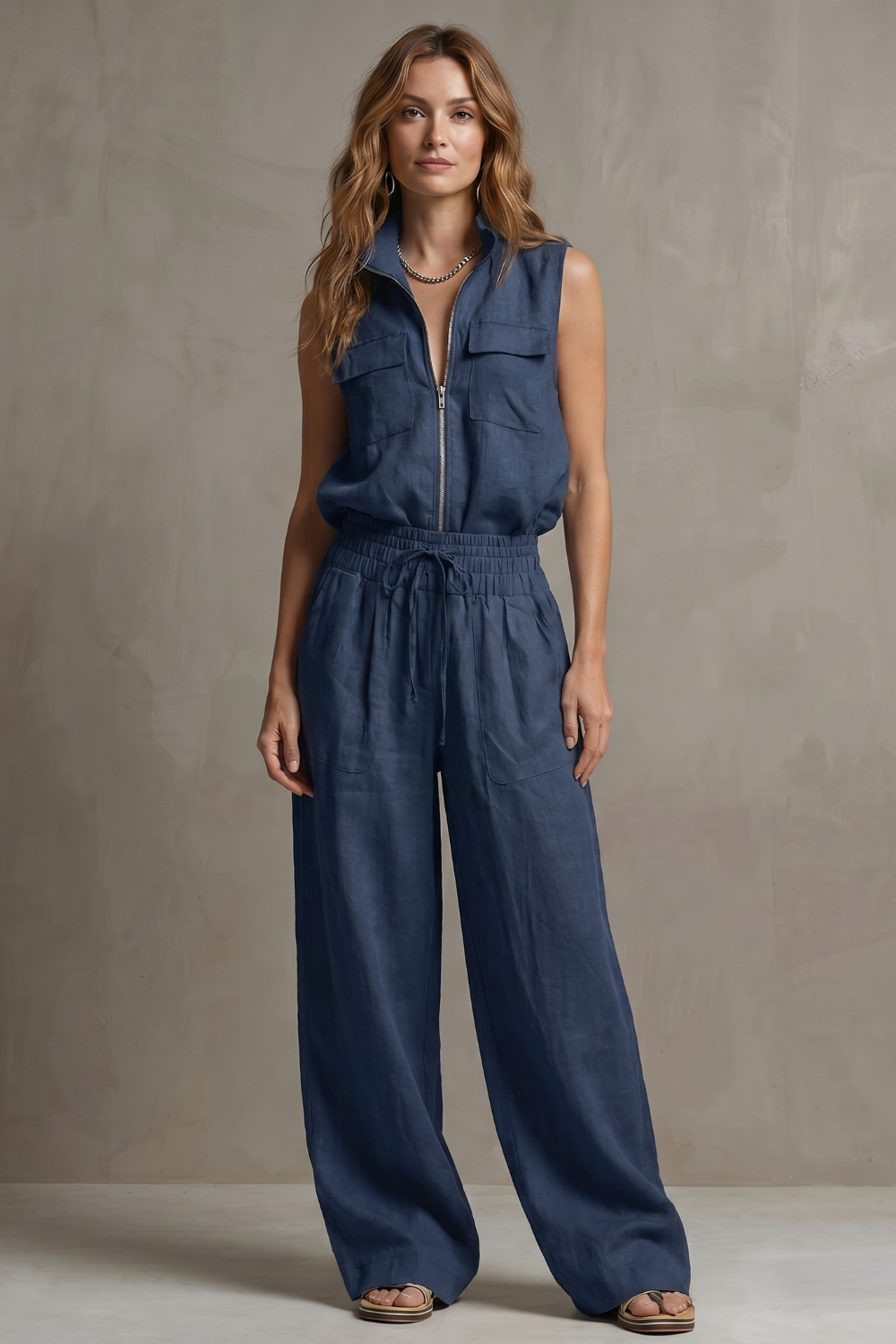 Zip-front top and wide-leg pants styled with minimalist sandals