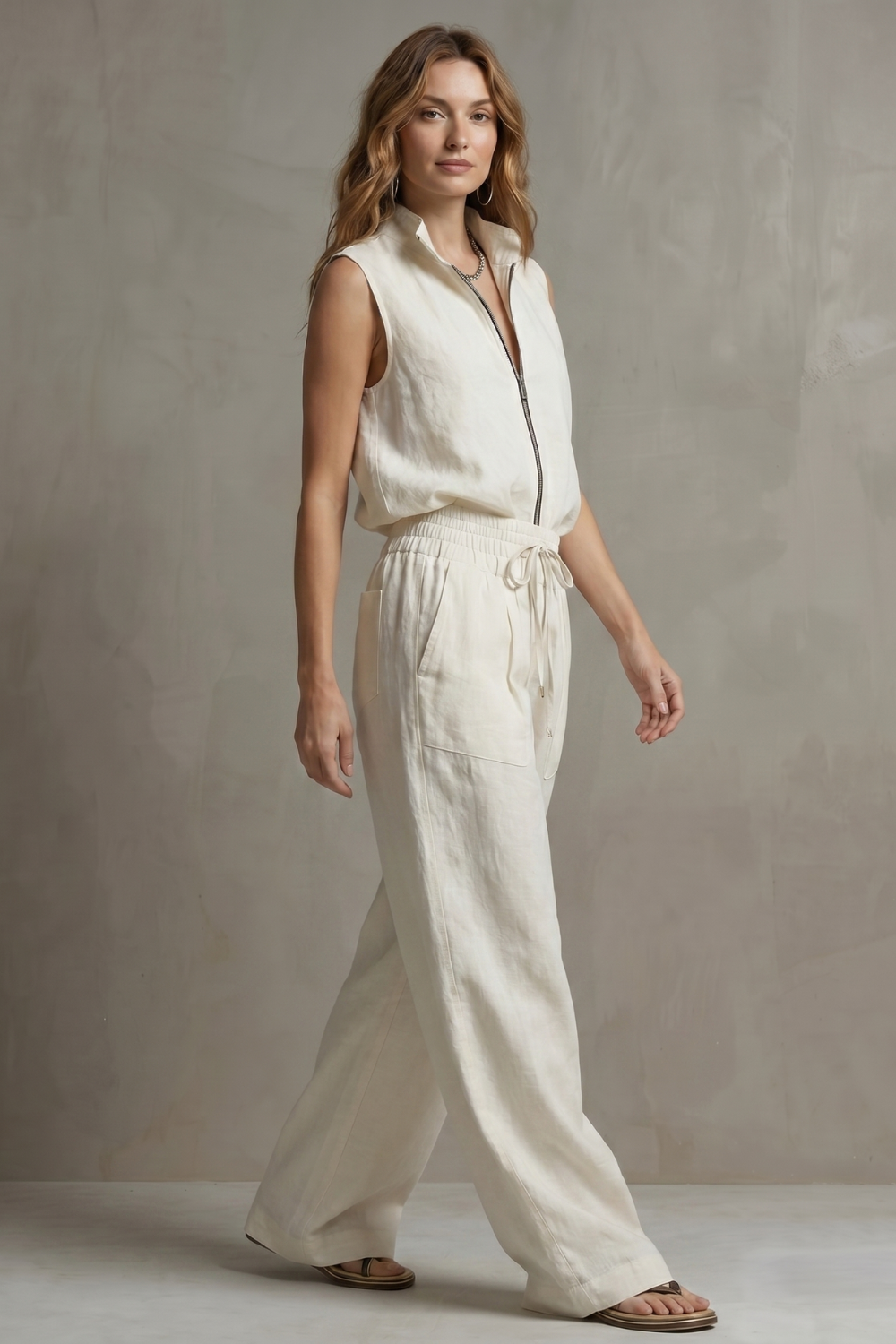 Back view of the two-piece zip-front top and wide-leg pants set