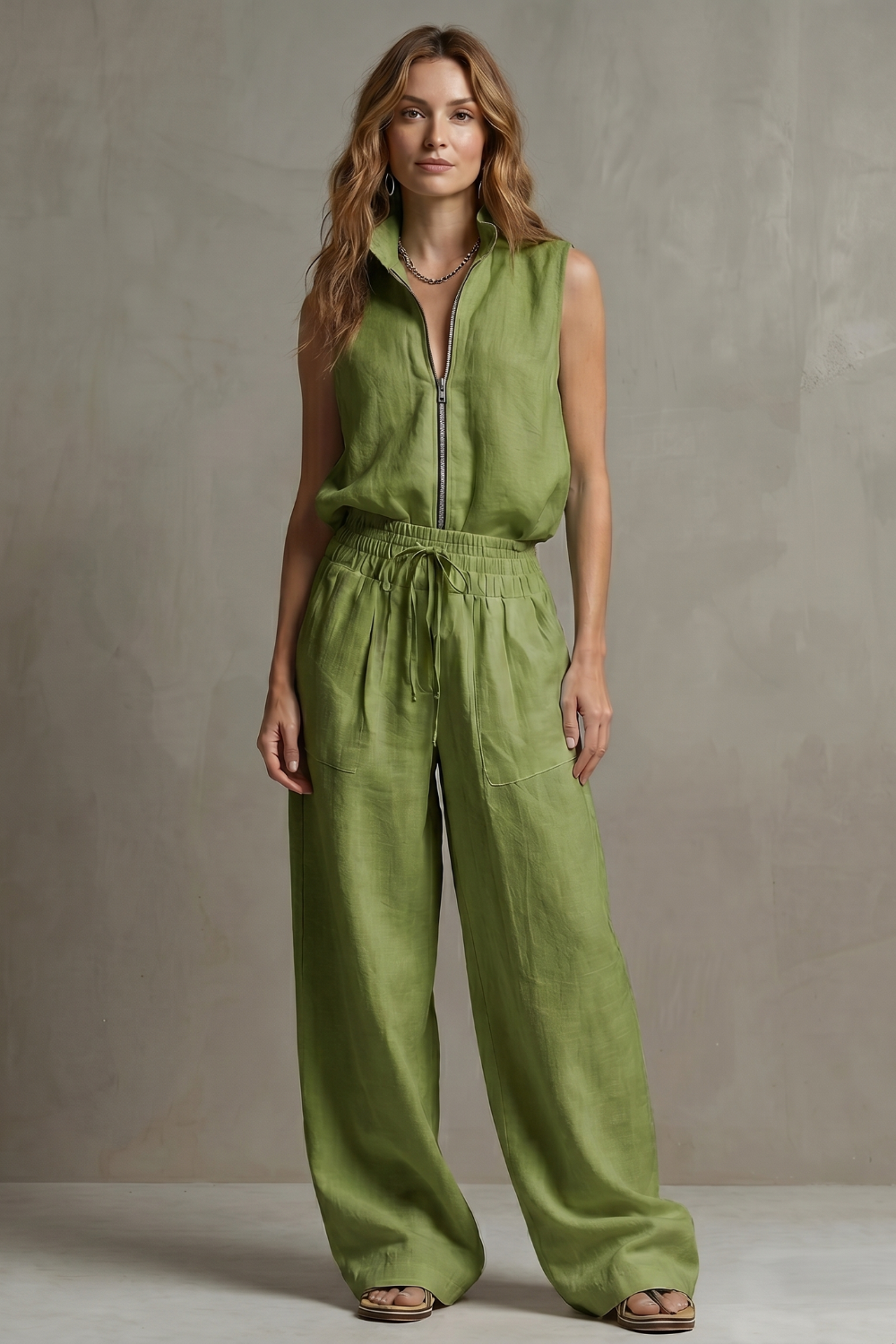 Dark Blue colorway of the sleeveless zip-front pants set, full-length view