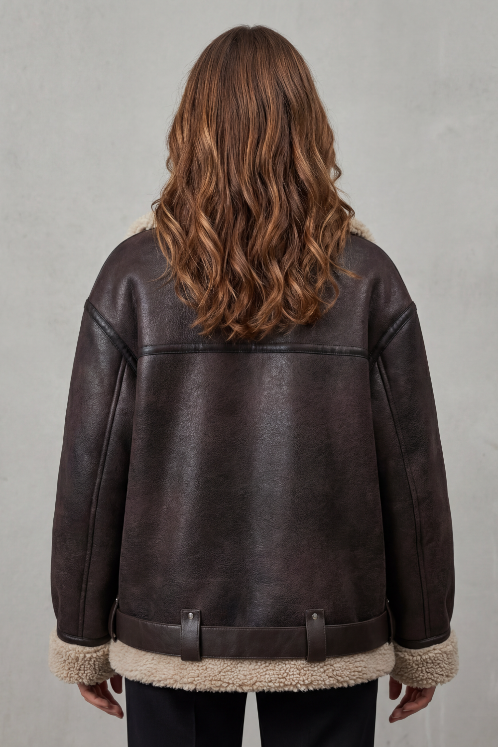 Women's Aviator Coat with Belted Shearling Trim - Rouxvelle