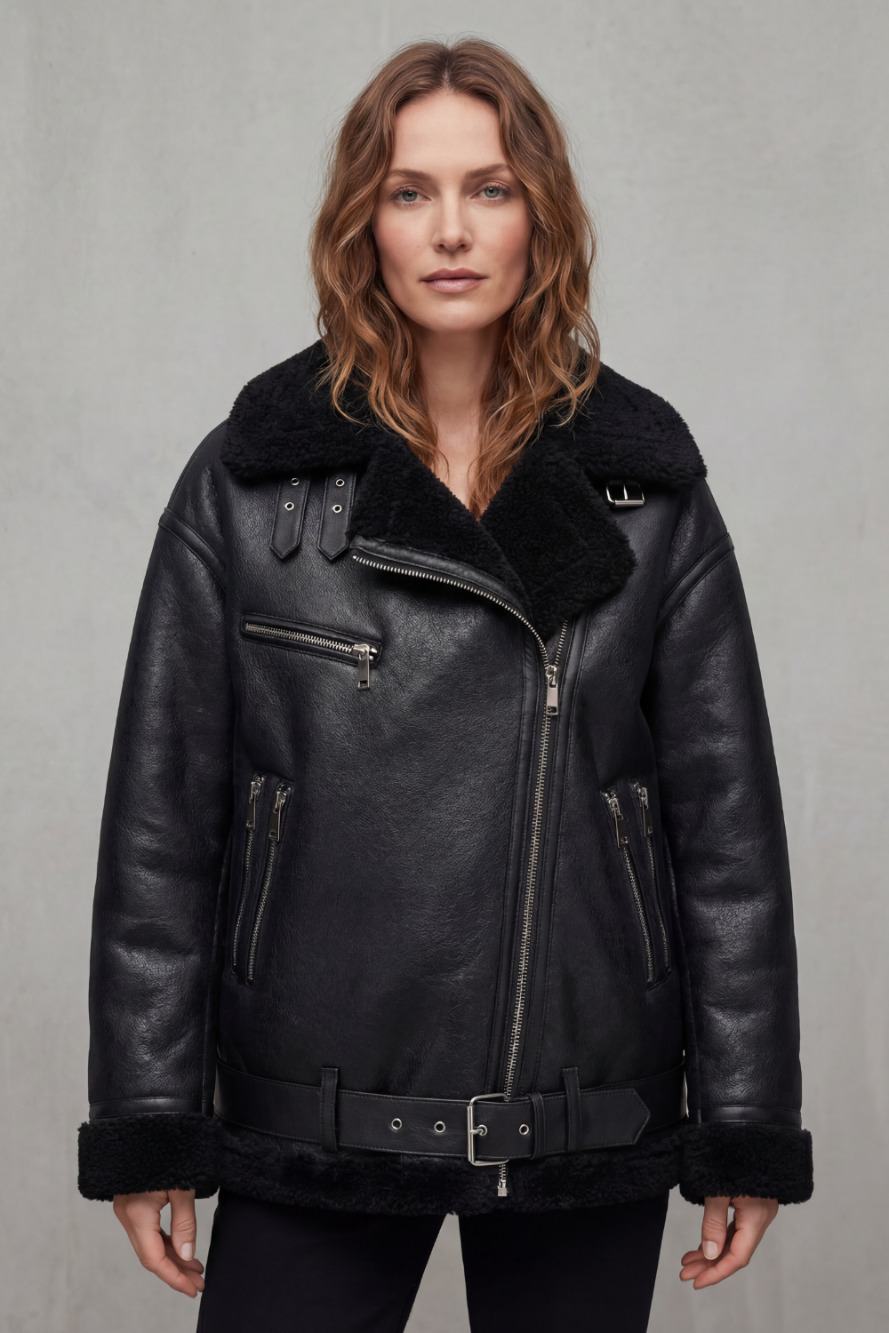Women's Aviator Coat with Belted Shearling Trim - Rouxvelle