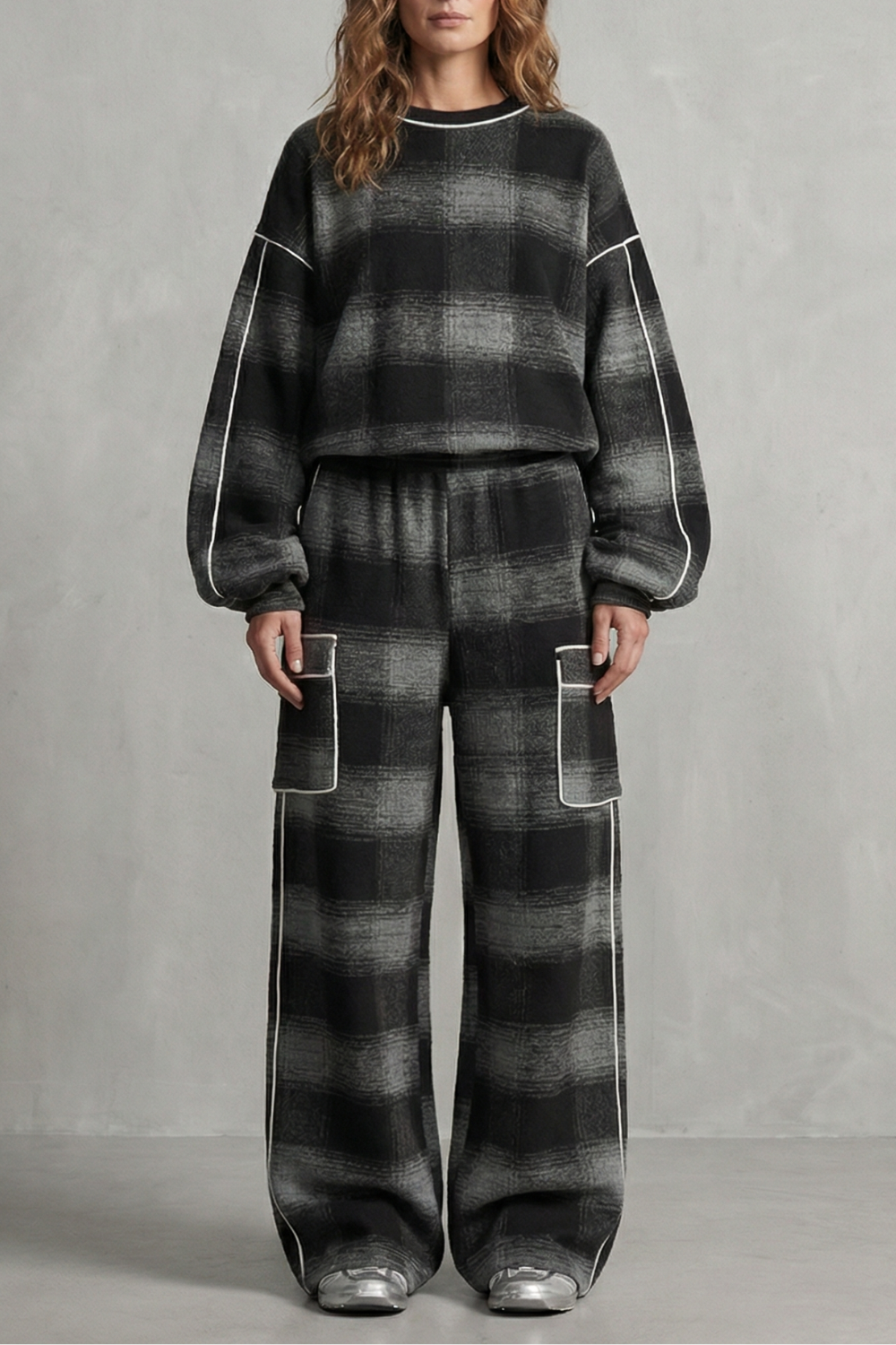 Black colorway, full-length view of the distressed plaid set