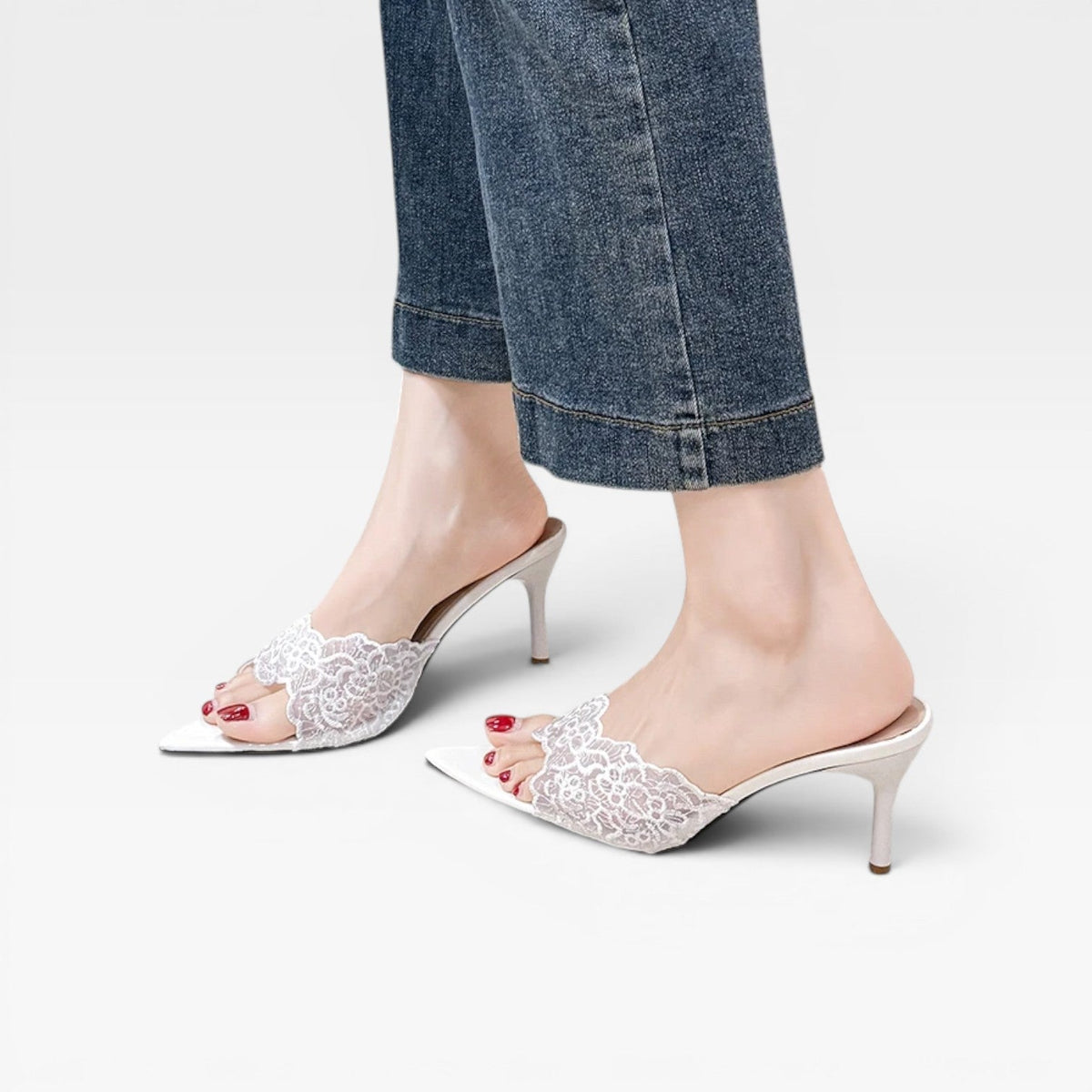 Women's Lace Pointed Toe Stiletto Mules – Slip-On Dress Heels | Ennerdale