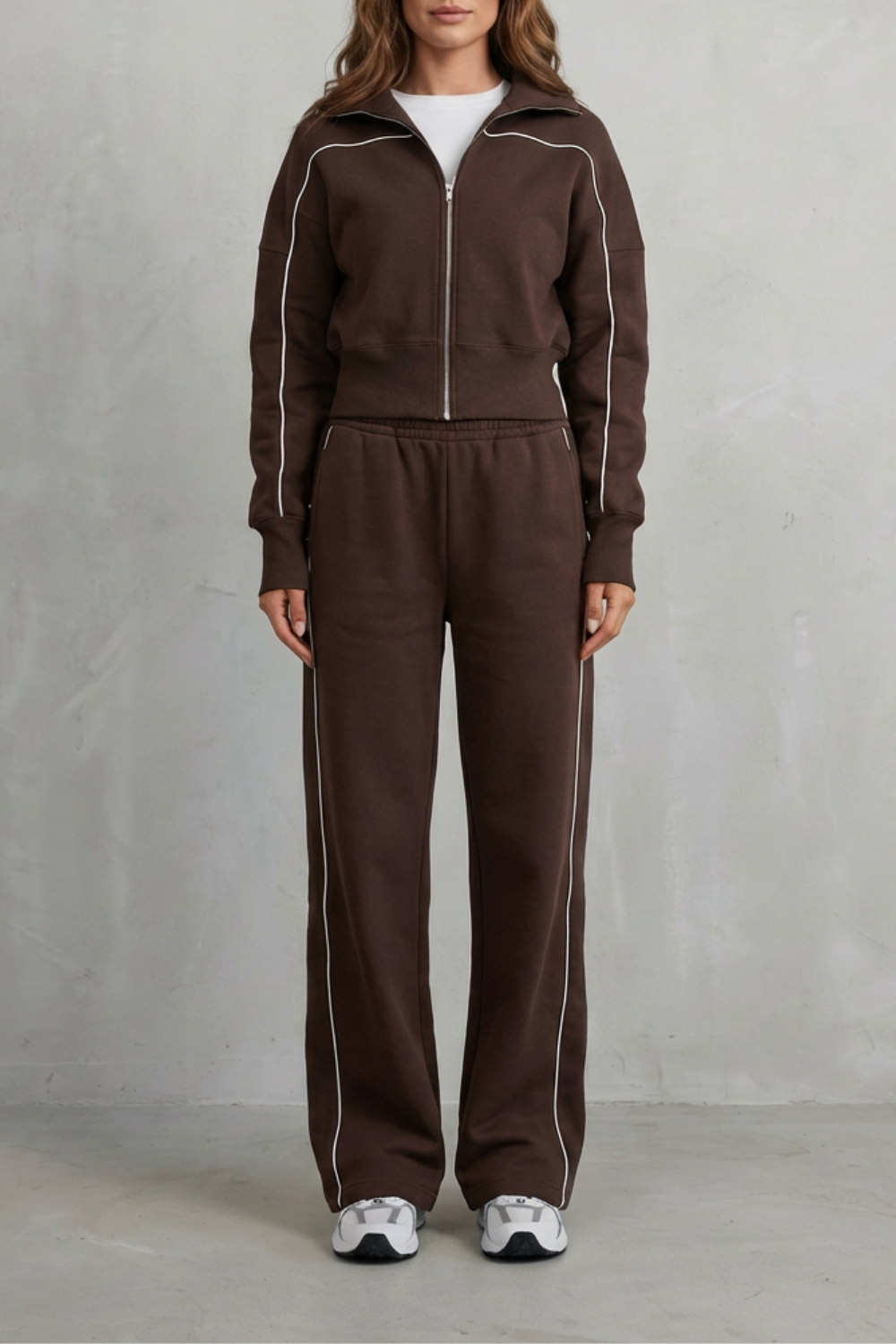 Women's piped zip-up jacket and wide-leg pants lounge set, front view