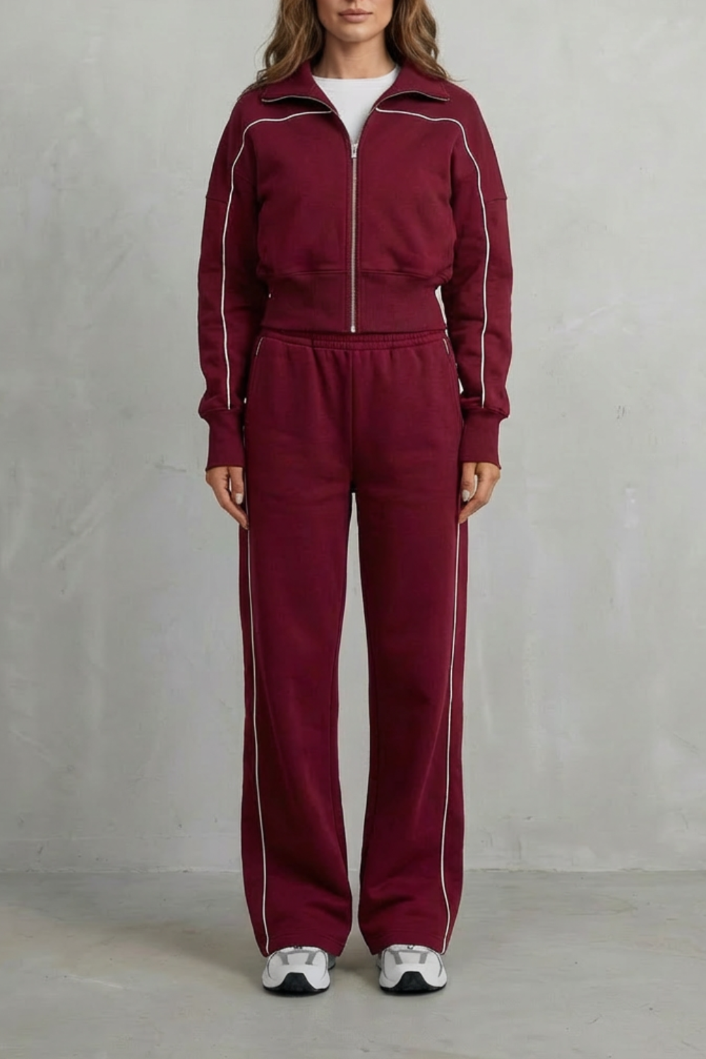 Wine red colorway of the Savina lounge set, full-length view
