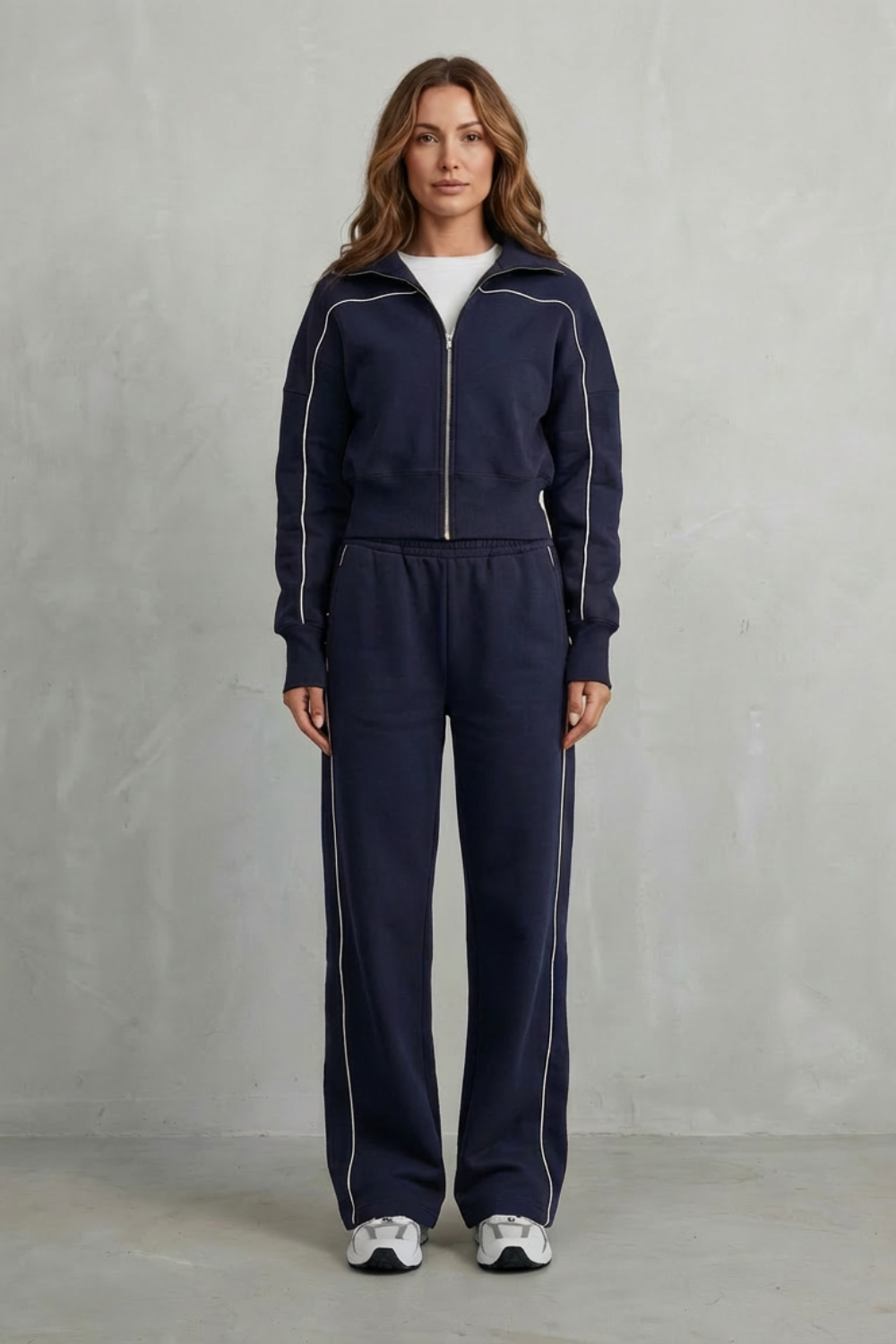 Full-length view of the wide-leg pants in the Savina lounge set