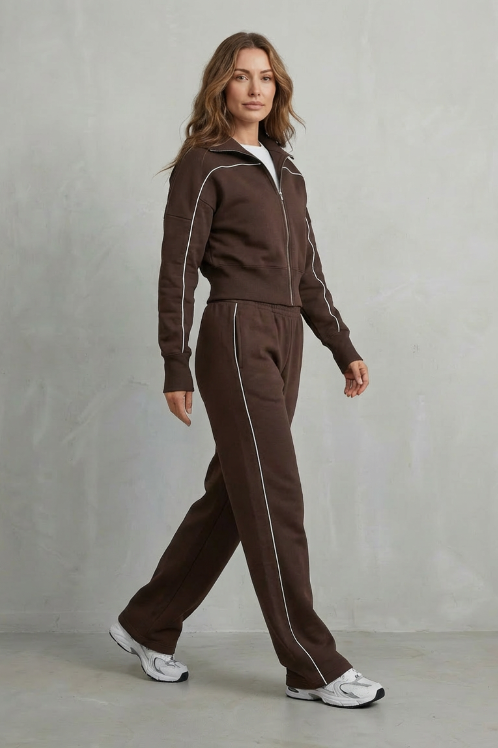 Back view of the zip-up cardigan jacket and wide-leg pants