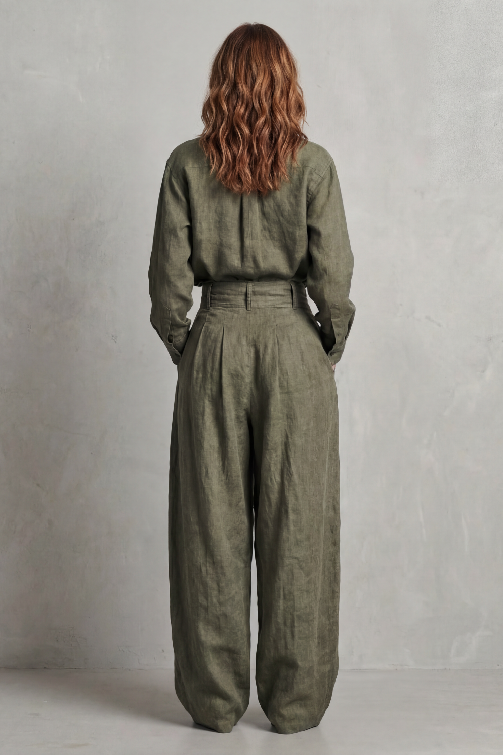 Army Green colorway, full-length view of the tailored two-piece set