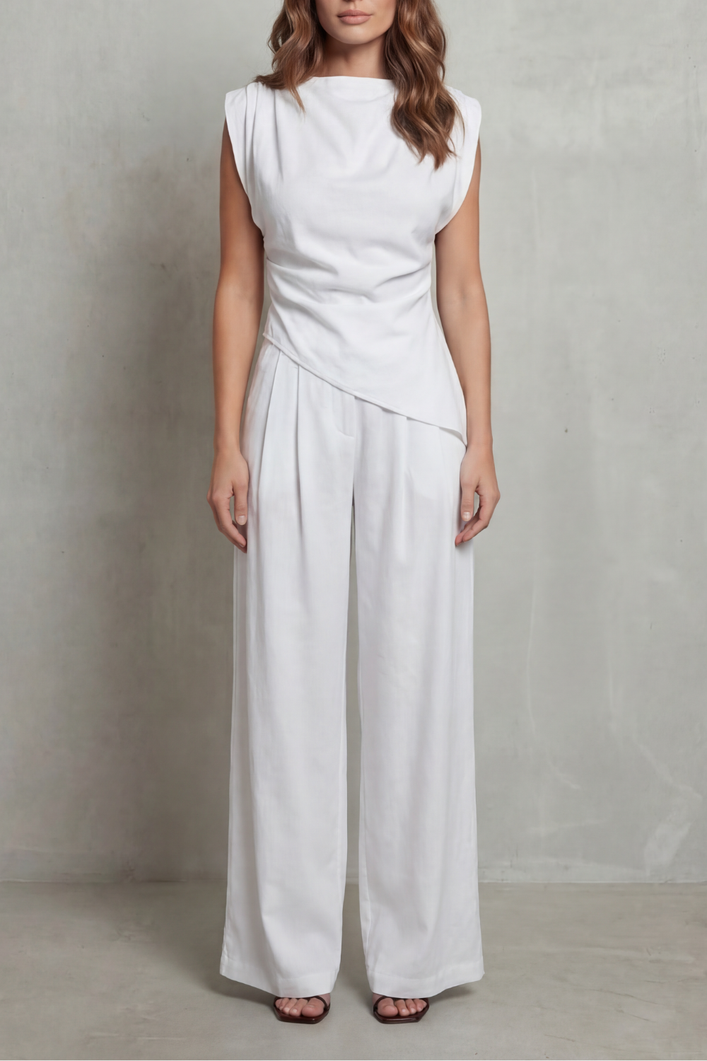 Close-up of the structured shoulder cut on the sleeveless top