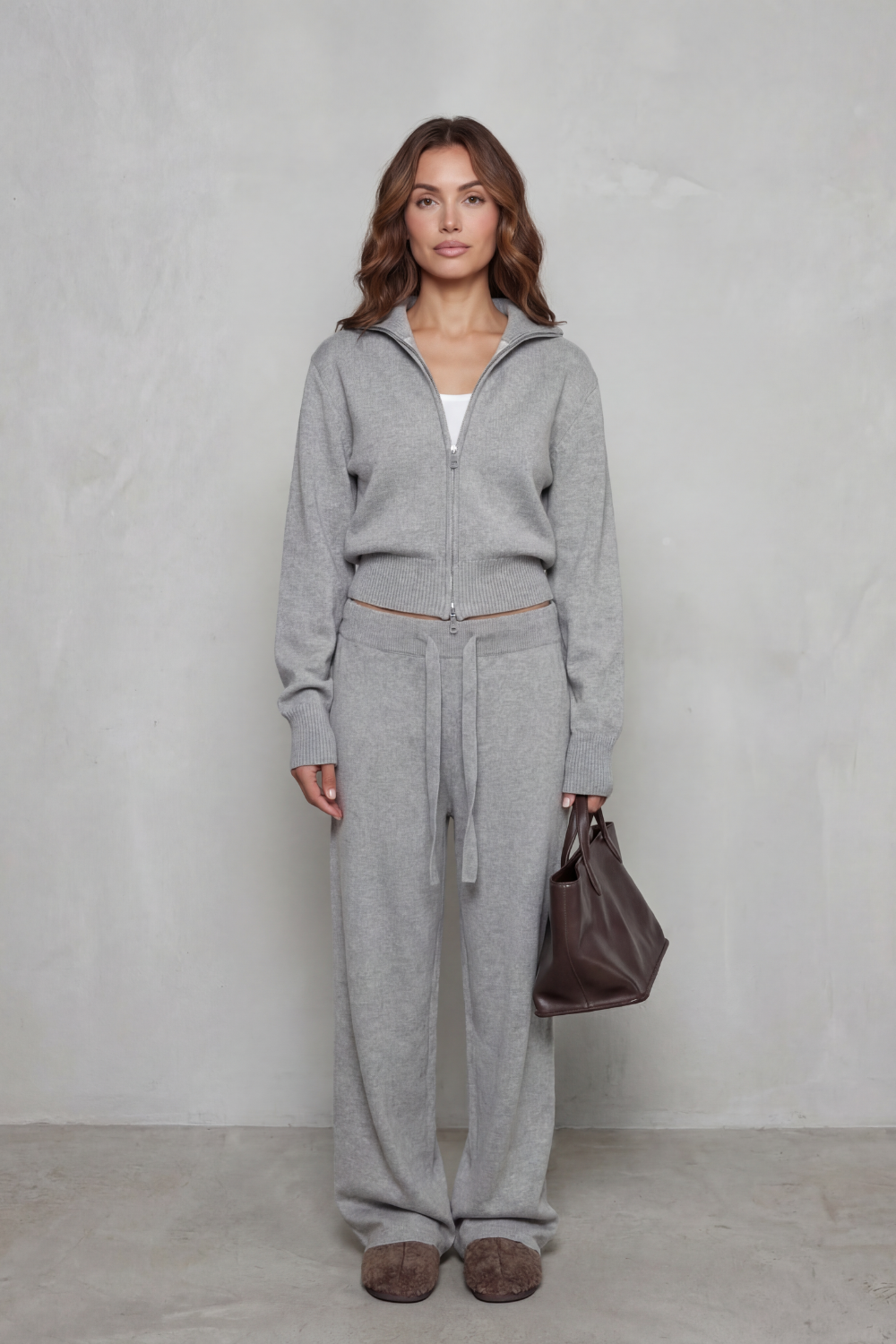 White colorway of the knit cardigan and pants lounge set, full-length view