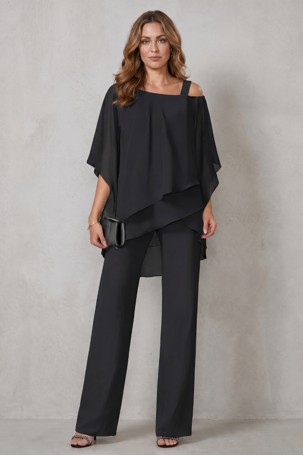 White colorway of the draped top and wide-leg pants set, full-length view