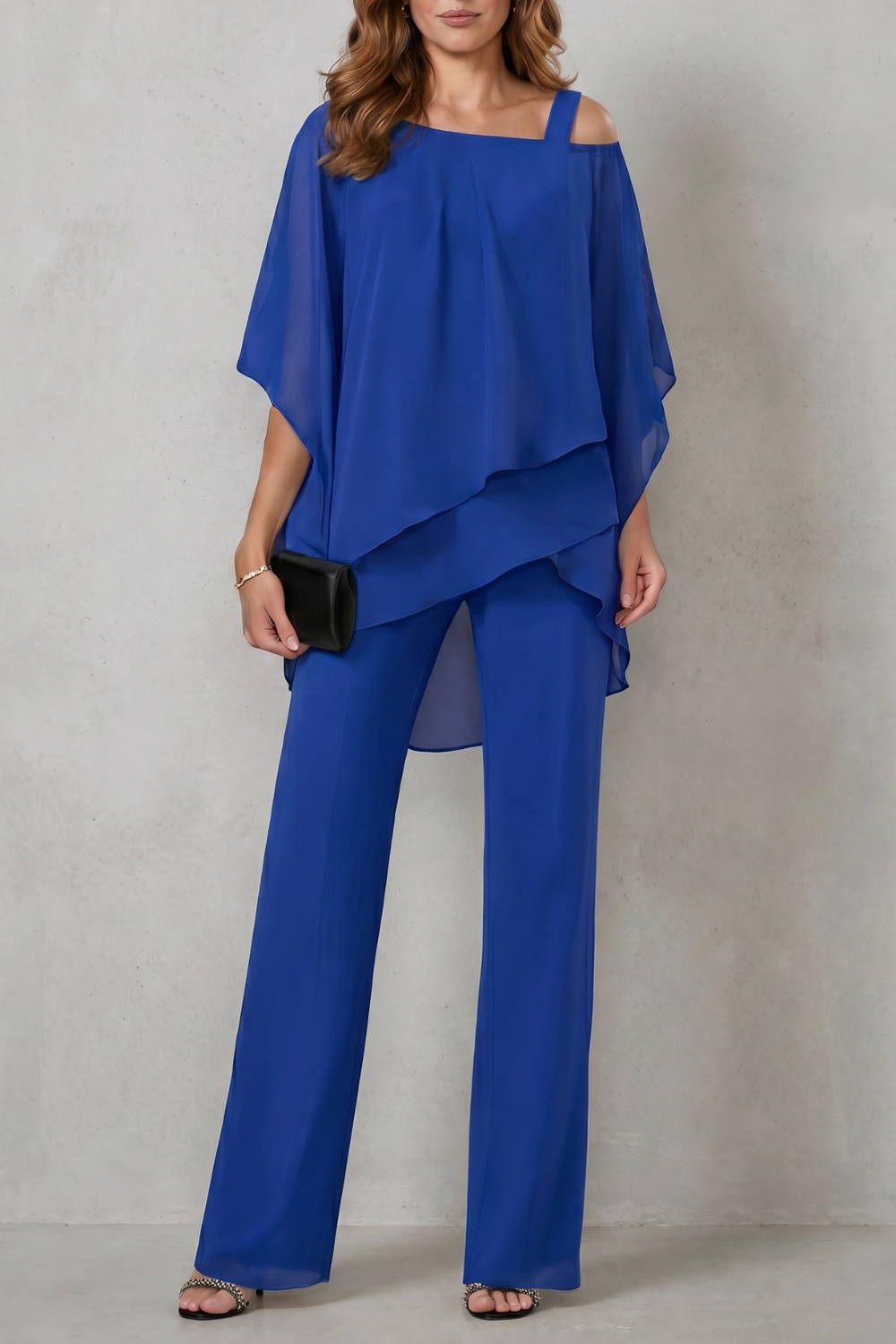 Black colorway of the draped top and wide-leg pants set, full-length view