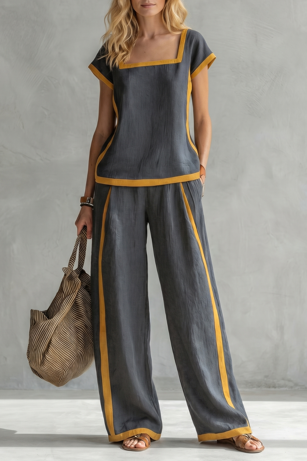Women's square-neck top and wide-leg pants set with contrast trim, front view
