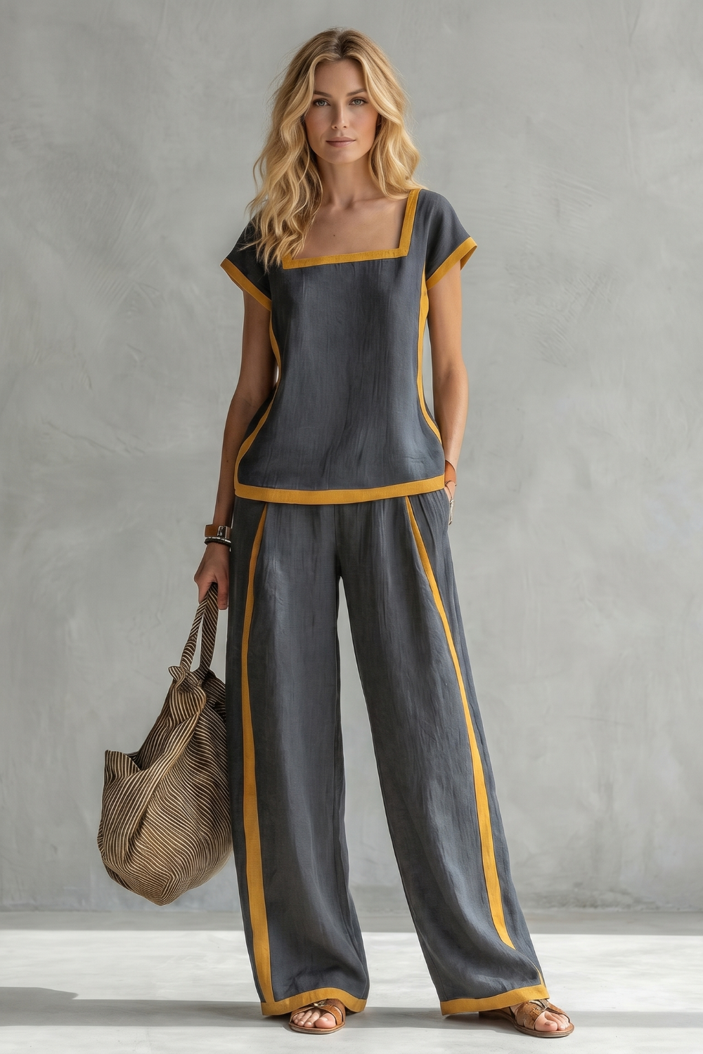 Side view of the relaxed square-neck top and linen-blend wide-leg pants