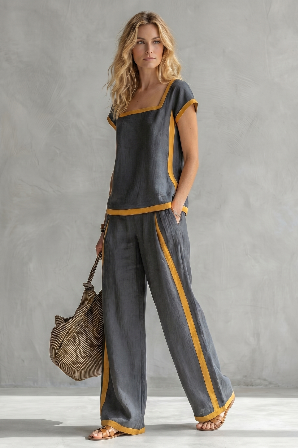 Back view of the contrast trim two-piece top and wide-leg pants set
