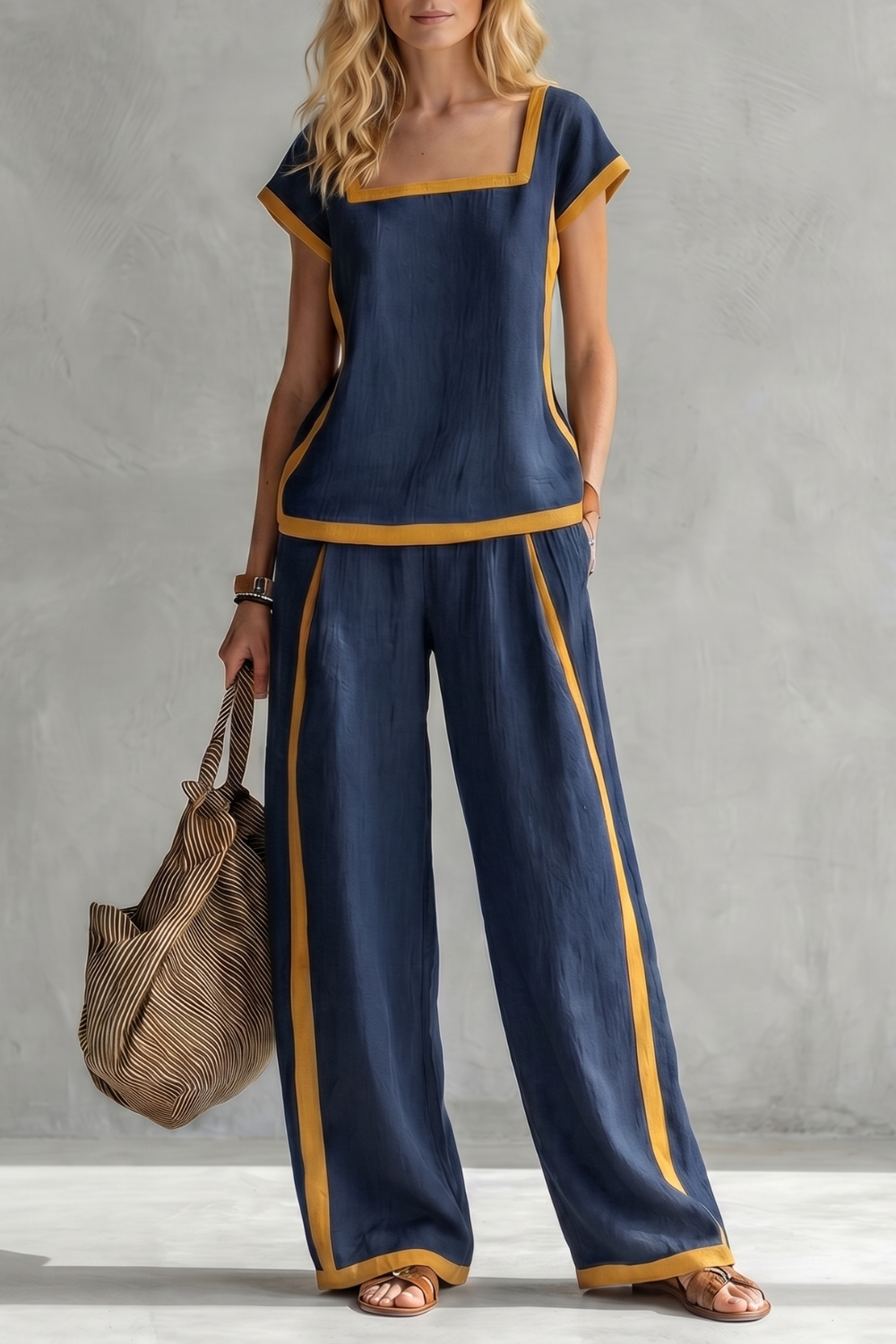 Detail close-up of the linen blend texture on the wide-leg pants