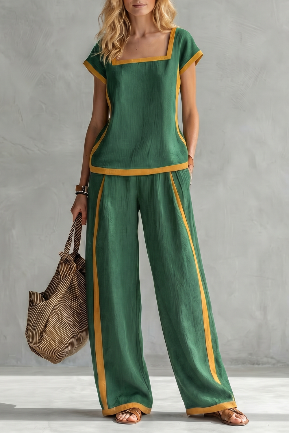 Green colorway of the contrast trim linen two-piece set, full-length view