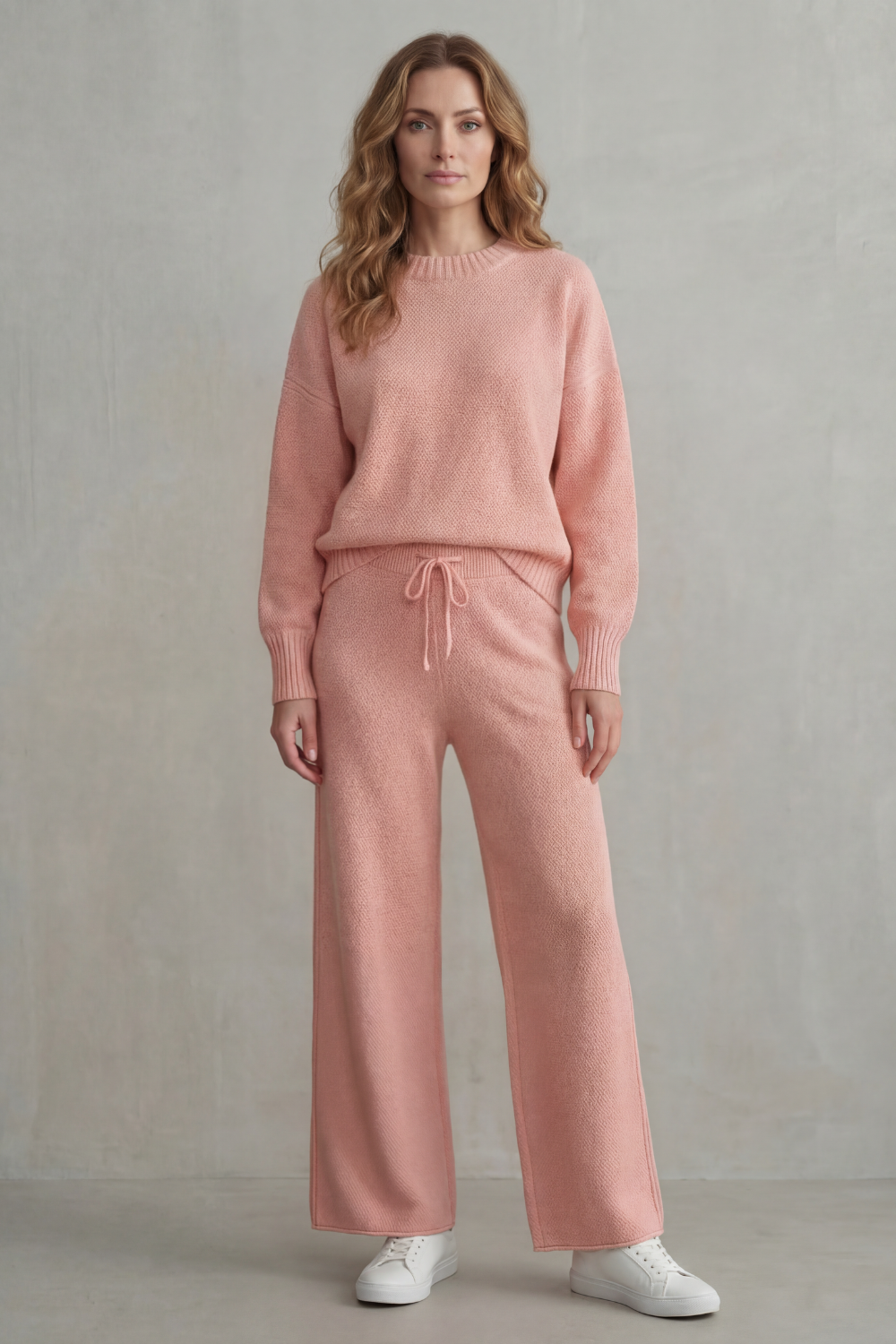 Side view of the knit sweater and wide-leg pants lounge set