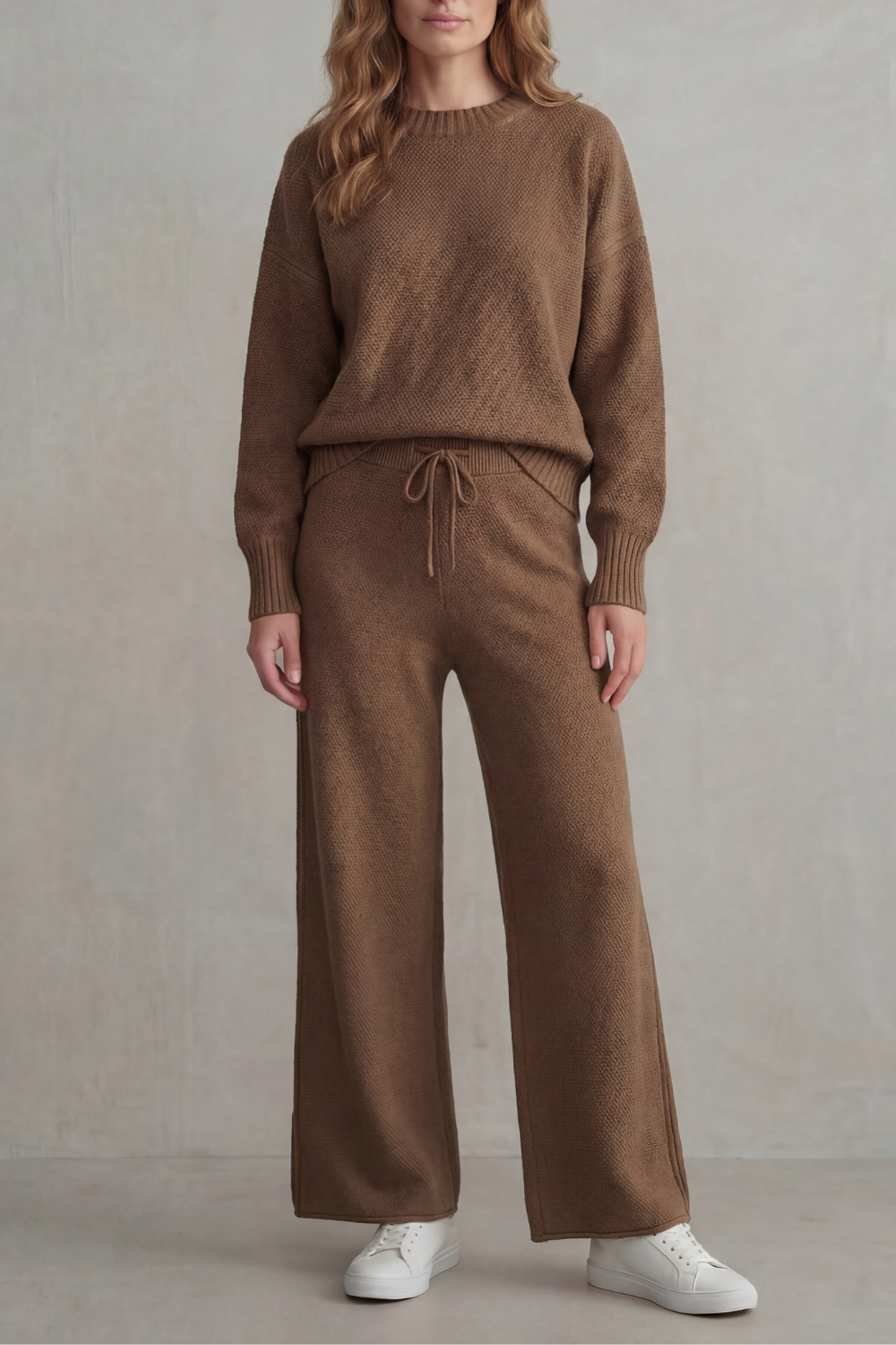 Pink colorway, full-length view of the knit lounge set