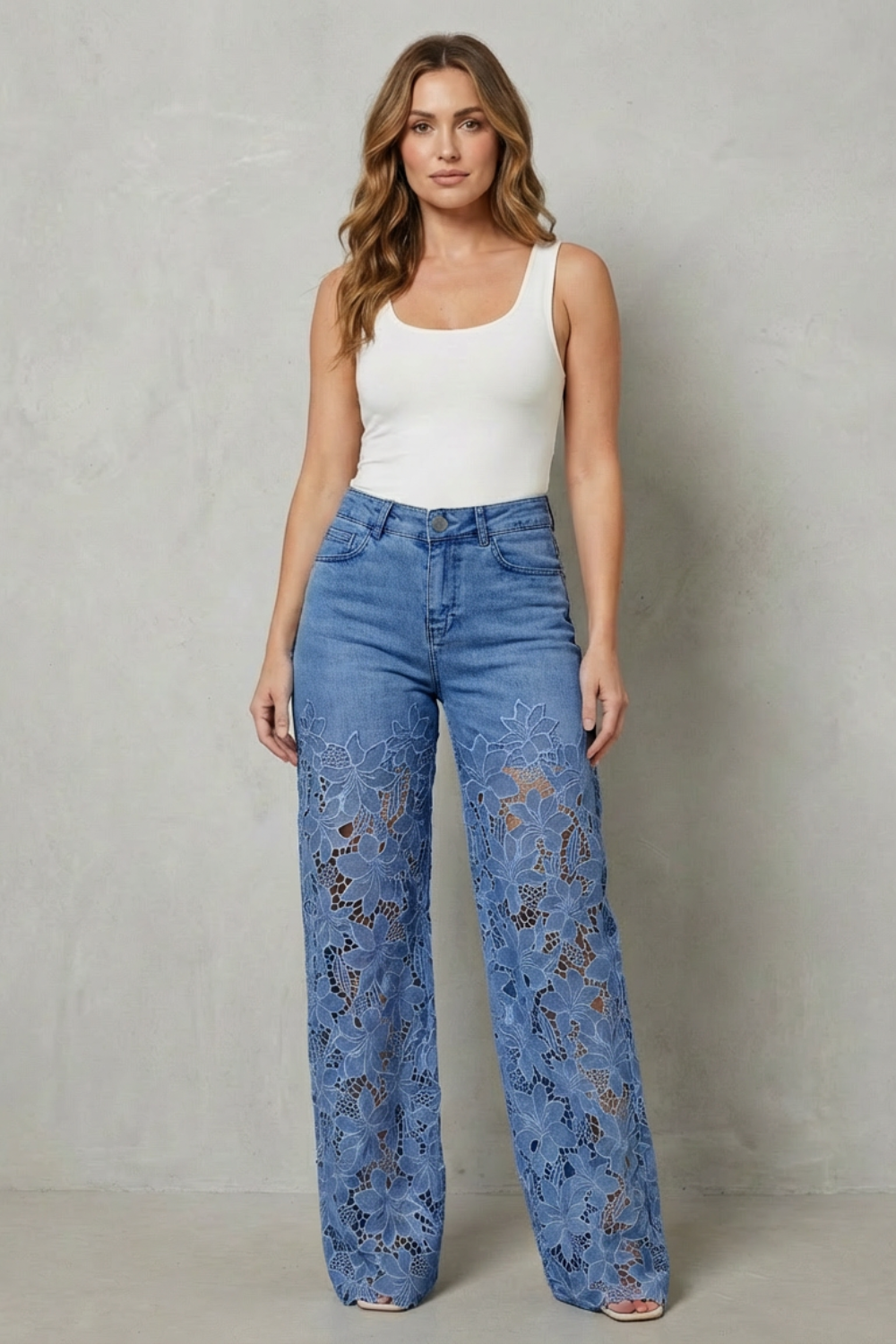 Women's High Rise Wide Leg Lace Panel Jeans - Orianne