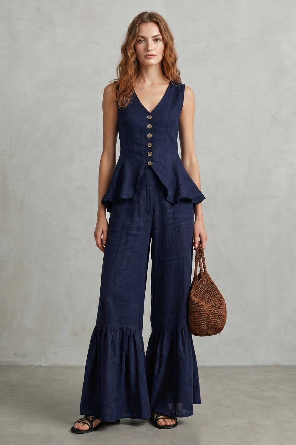 Crimson colorway, full-length view of the ruffle-hem pants set