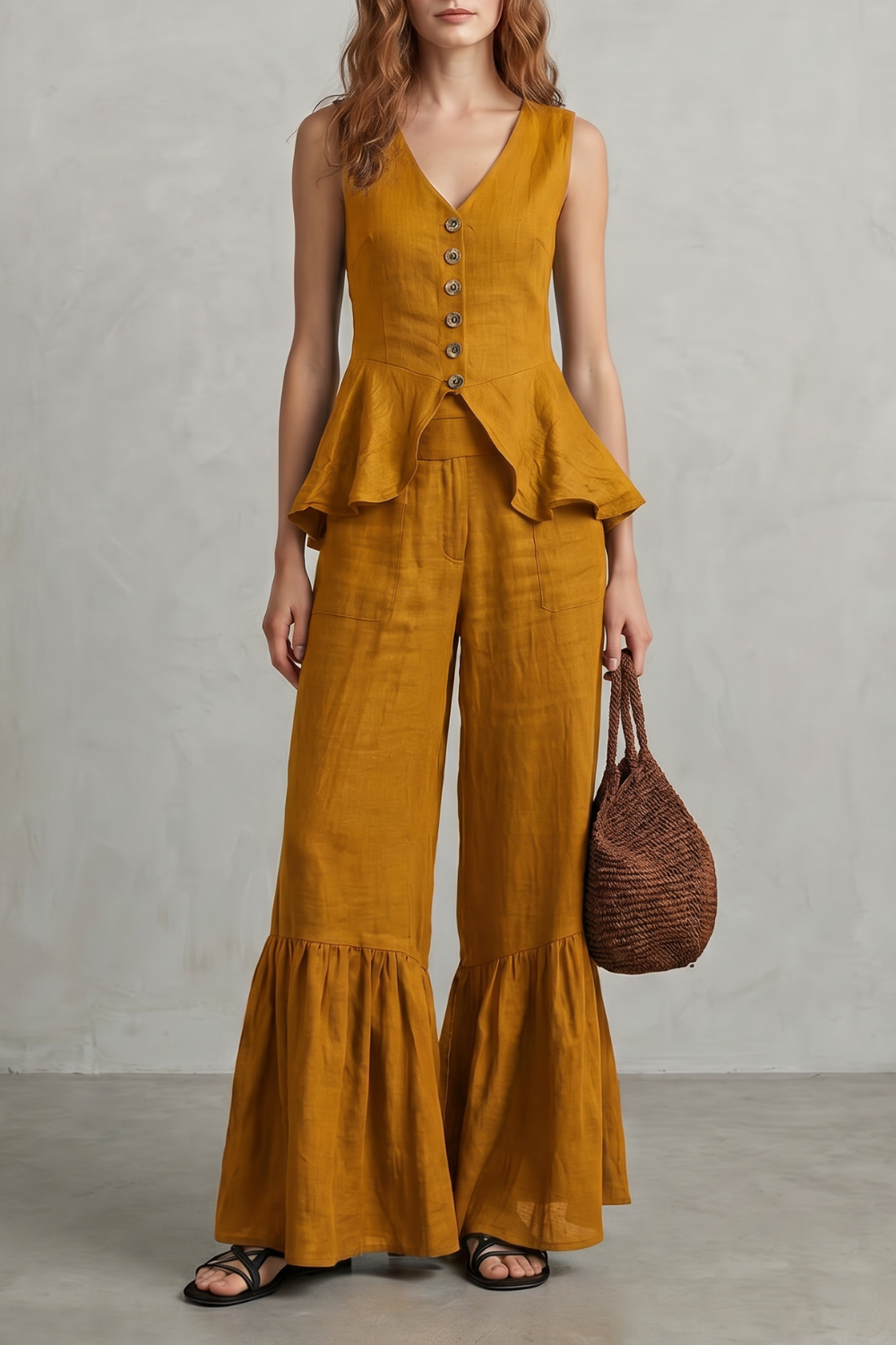 Detail close-up of the statement ruffle hem on the wide-leg pants