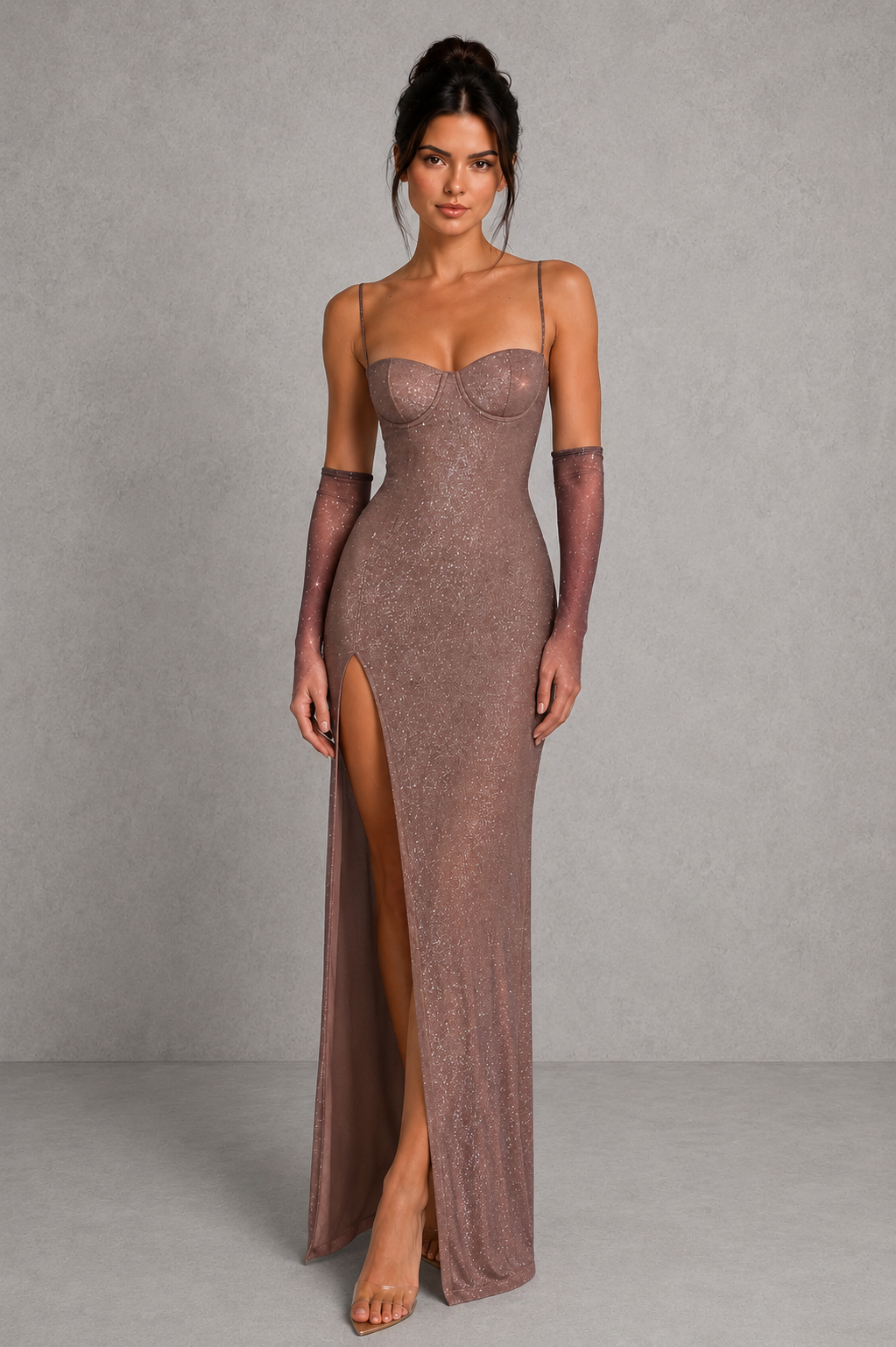 Women's sparkle mesh maxi dress featuring a body-contouring silhouette, supportive underwired cups, all-over shimmer detailing, and a thigh-high split, designed for evening events, formal occasions, and special celebrations.
