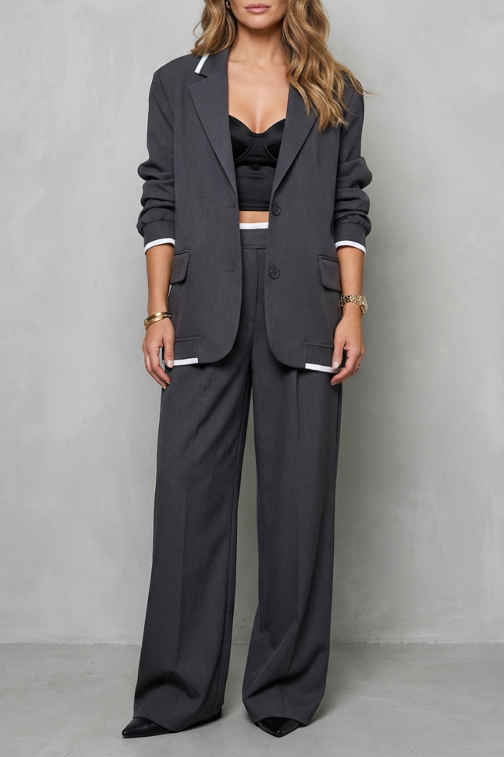 Women's oversized blazer and wide-leg pants suit set, front view