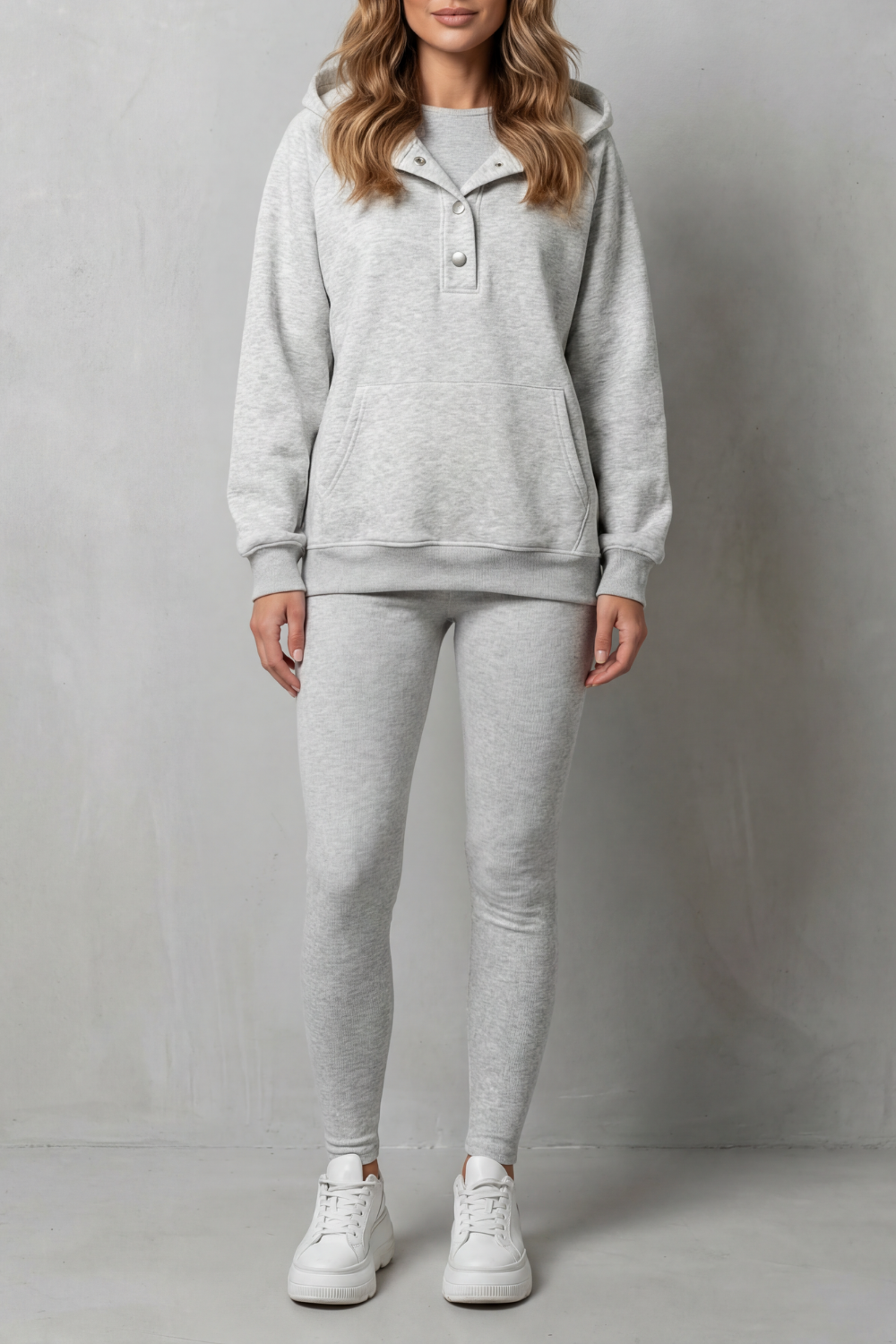 Women's button-placket hoodie and ribbed leggings lounge set, front view